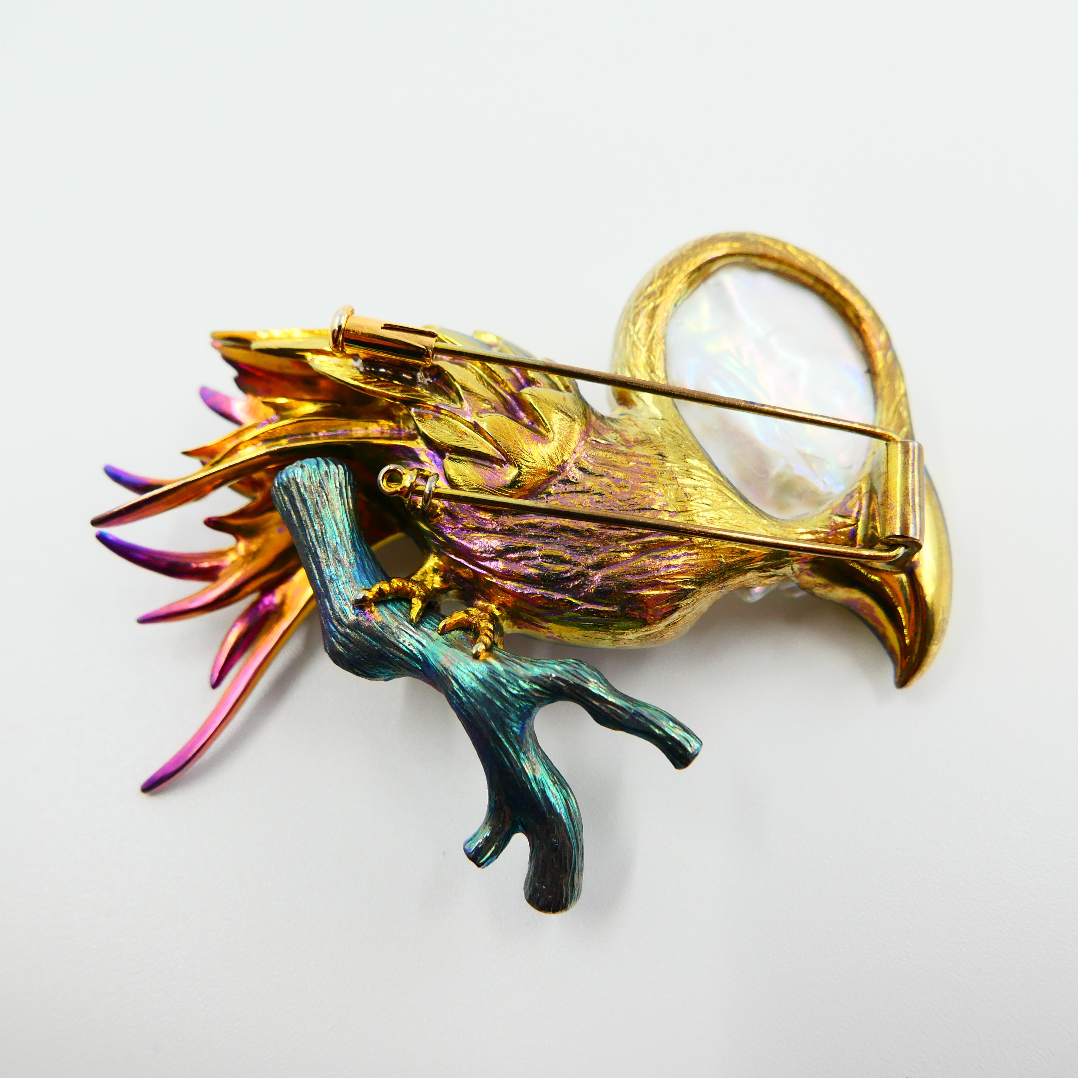 Women's or Men's Titanium, Pearl, Rubies, Peridot, Diamonds, Pink and Blue Sapphires Bird Brooch For Sale