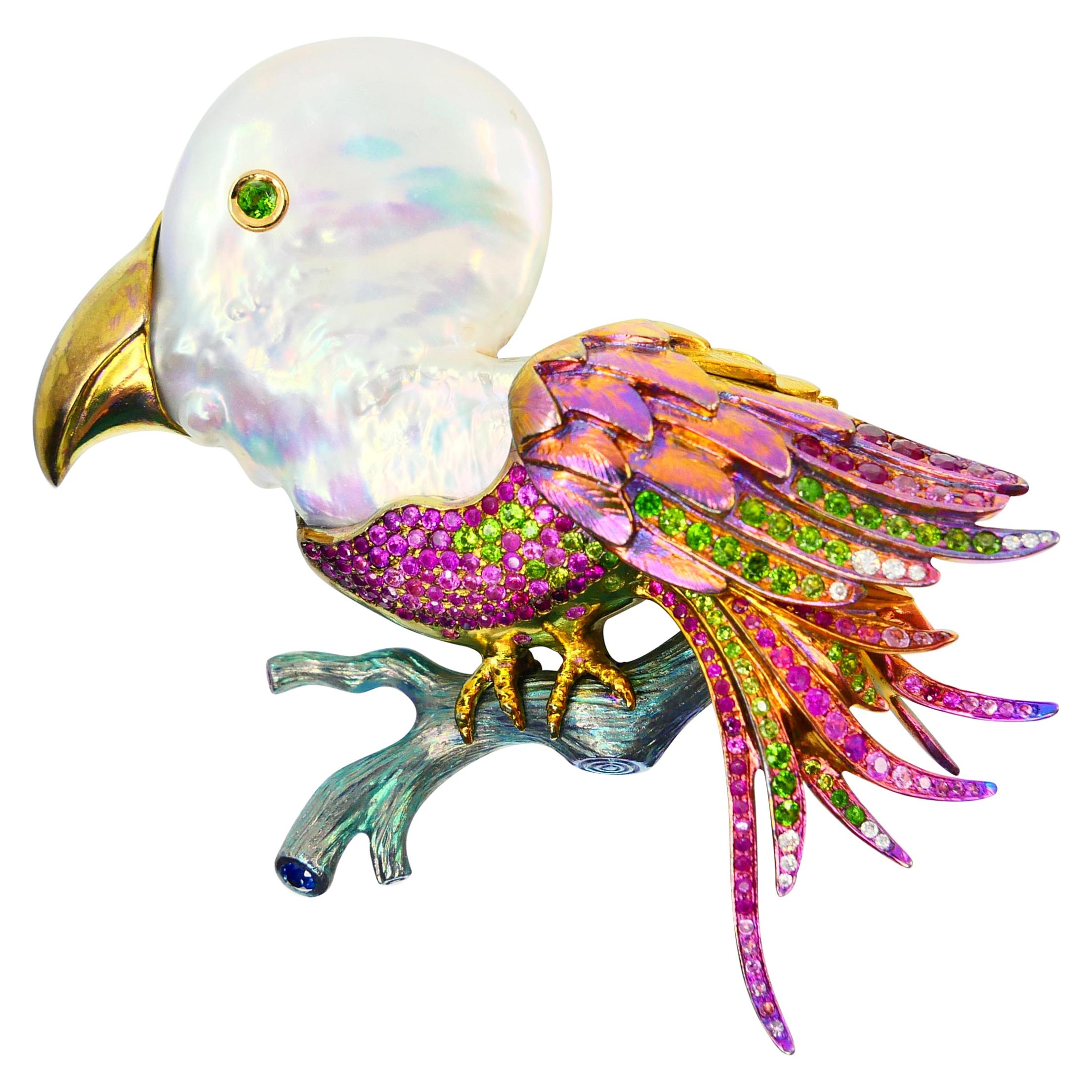 Titanium, Pearl, Rubies, Peridot, Diamonds, Pink and Blue Sapphires Bird Brooch