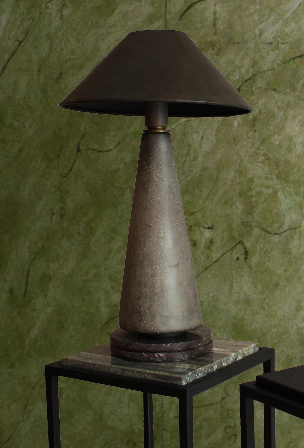 Titano Grey Concrete Table Lamp by Acanthus Studio Roma
Limited Edition
Dimensions: D 40 x W 40 x H 75 cm.
Materials: Steel brass, leather, Red Levanto marble, and grey concrete. 

Each piece is handcrafted, and reproducible in limited edition but