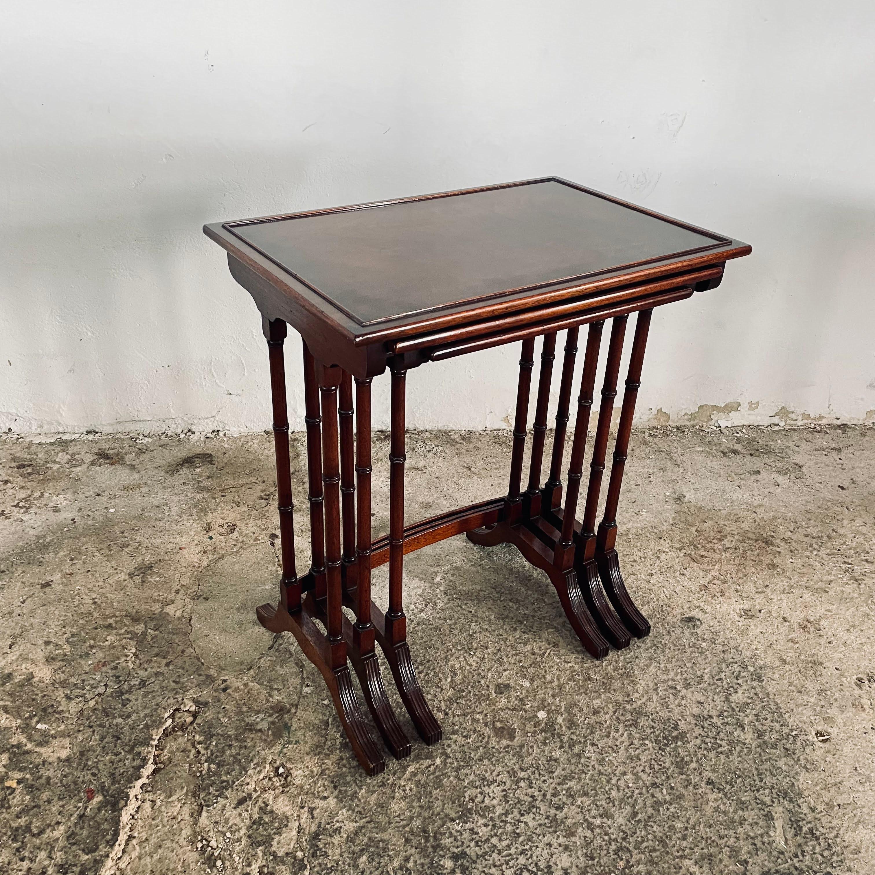 Fine set of 3 English vintage nesting tables by Titchmarsh & Goodwin in Mahogany wood finish custom made, this mahogany nest of tables has finely turned legs and splay feet. The tops have a small inset beading with crossbanding, excellent condition