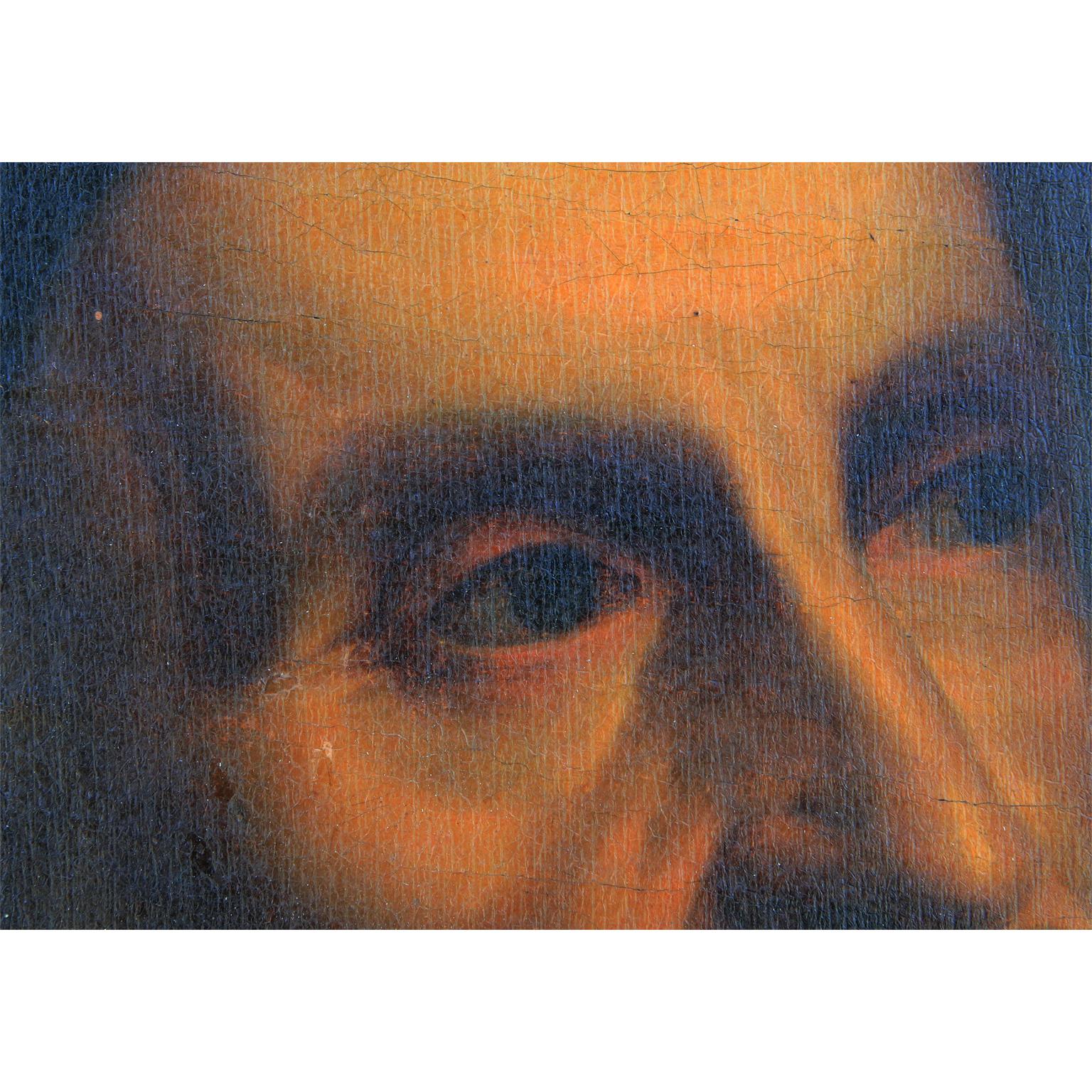 Intricately rendered painting after the Renaissance period self portrait of the artist Tiziano Vercellio, better known in English as Titian. The work features the artist with his iconic beard, paint palette, and necklace. The original painting was