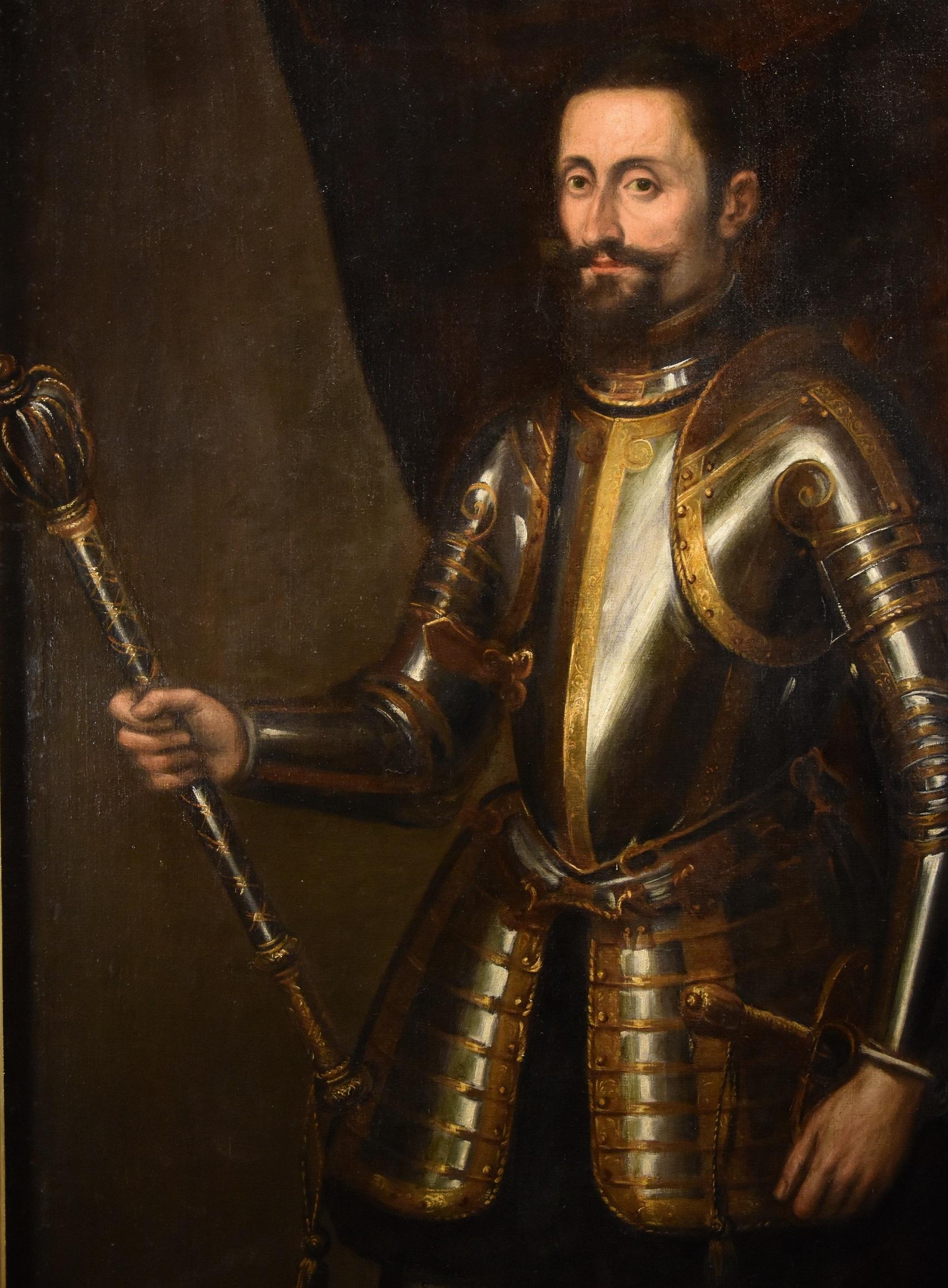 Titian painter of the late 16th century
Official portrait of a knight in armour (probably Charles V of Habsburg)

Oil on canvas
141 x 112 cm.
In antique frame 142 x 113 cm.

This fascinating posed manly portrait, in which the effigy of noble social