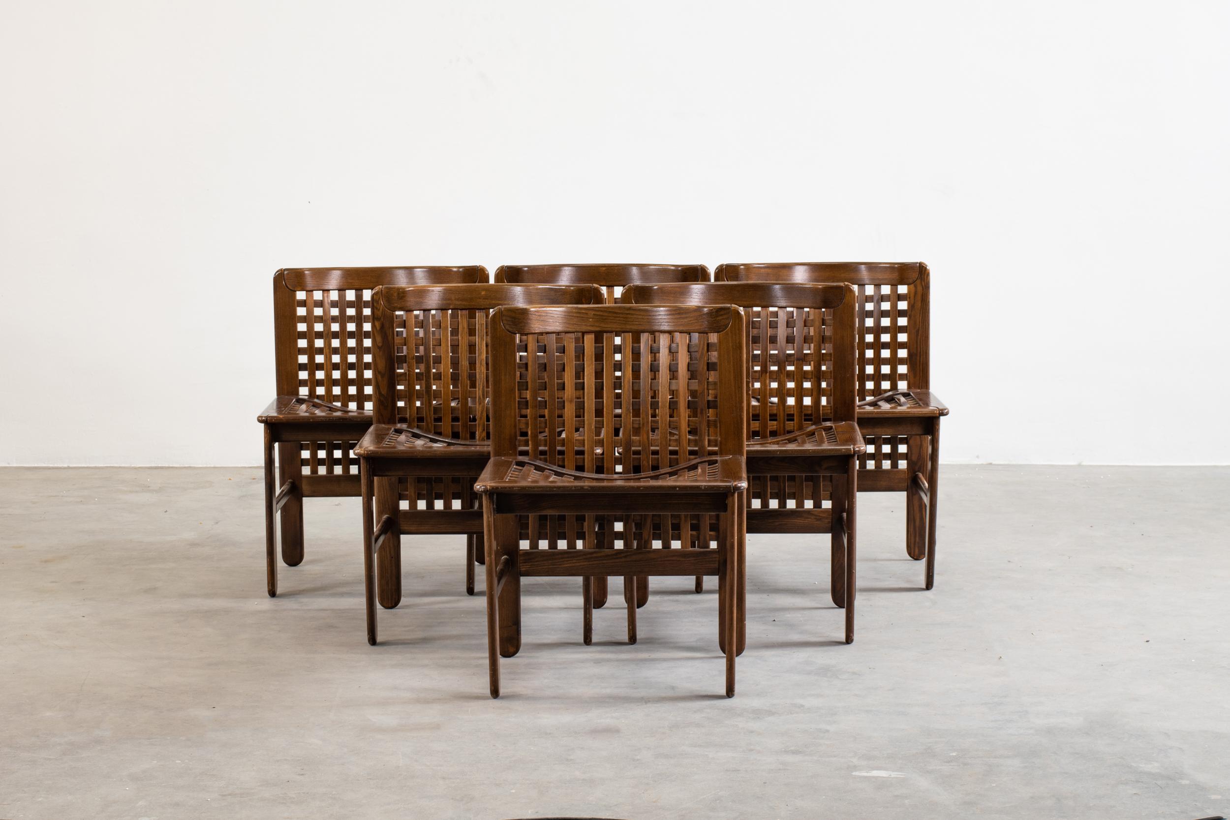 Set of six Transenna chairs in wood, designed by Titina Ammannati and Giampiero Vitelli and produced by Pozzi and Verga in 1970s.