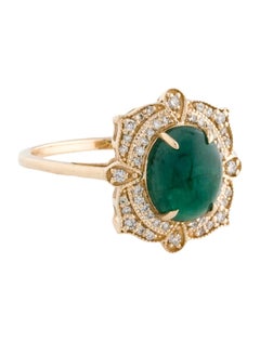 Title: 14K Yellow Gold 2.15ct Oval Cabochon Emerald and Diamond Cocktail Ring