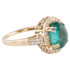 Title: 14K Yellow Gold 3.69ct Oval Cabochon Emerald and Diamond Cocktail Ring
