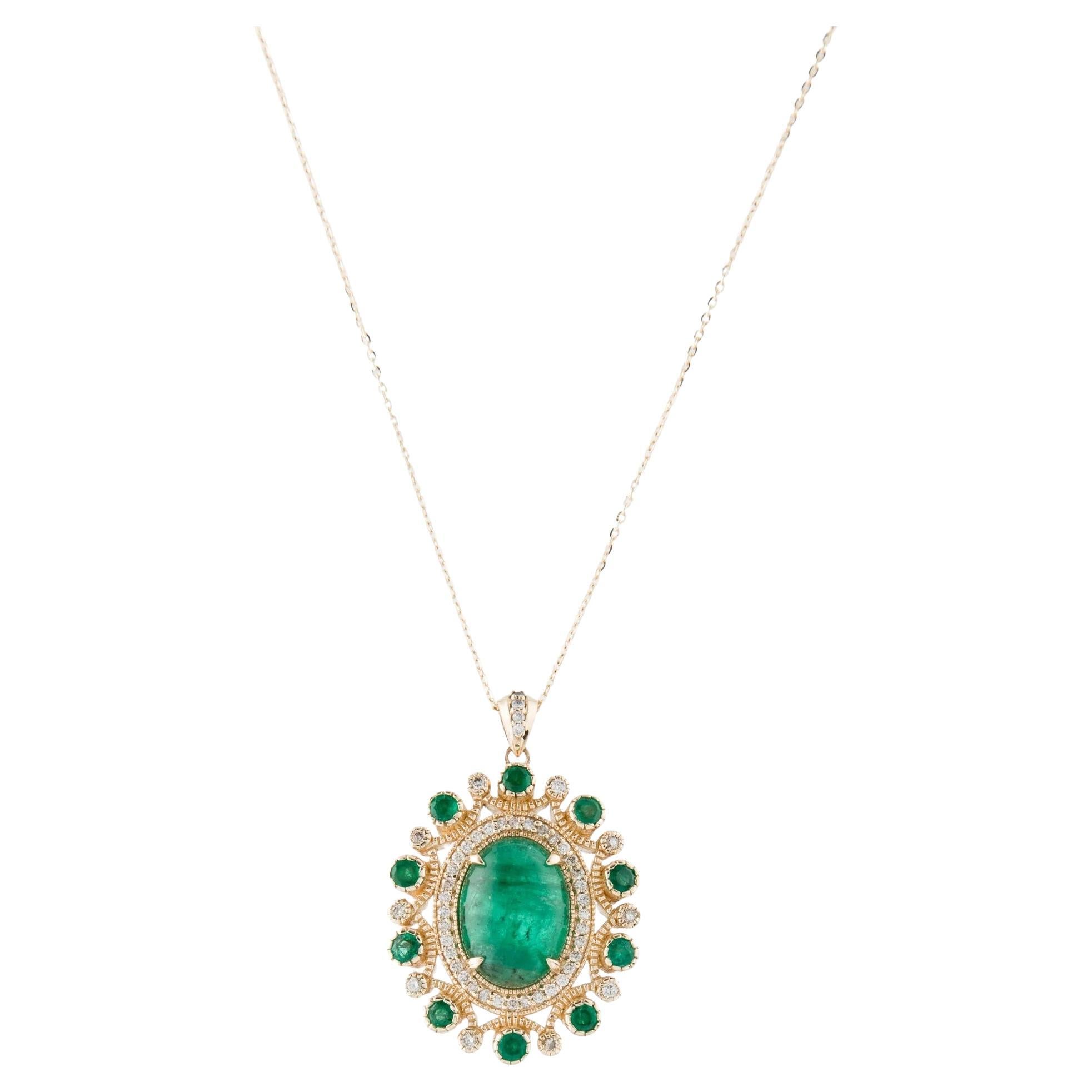 Title: 14K Yellow Gold 6.43ctw Emerald & Diamond Pendant Necklace with Round For Sale