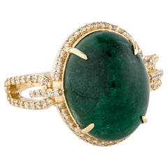 Title: 14K Yellow Gold Emerald & Diamond Cocktail Ring, Size 6.5, Cabochon Oval