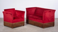 Title: 1950s Danish Red Velvet Sofa and Lounge Chair Set