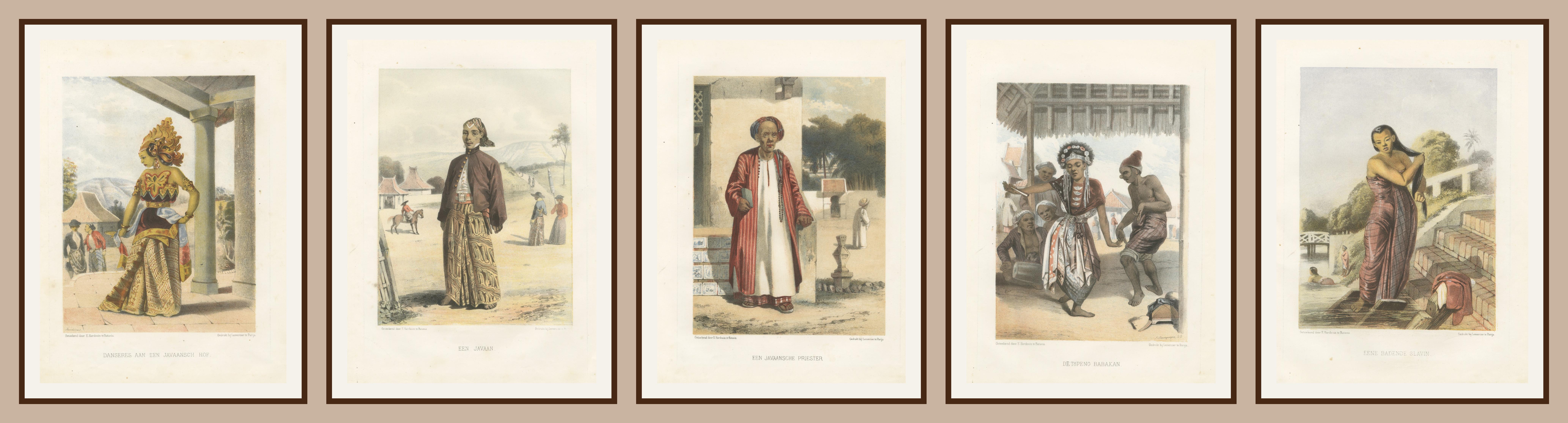 Antiche litografie in costume giavanese - Set di cinque di F. Hardouin, 1840 ca.

Questa bella serie di cinque litografie originali offre un ritratto vivido e romantico della vita giavanese all'inizio del XIX secolo, osservata e registrata