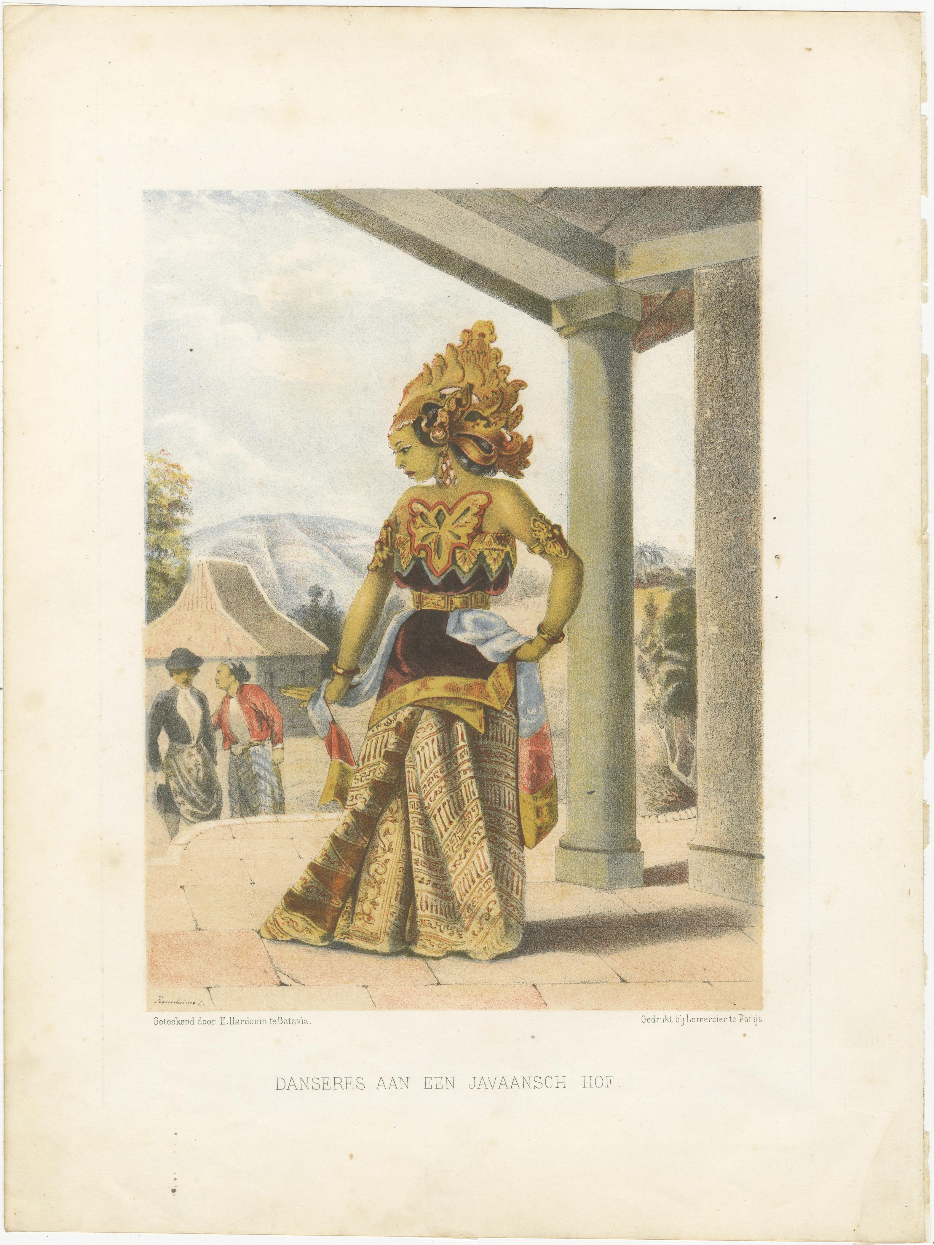 Titolo: Litografie antiche in costume giavanese - Set di cinque di F. Hardouin, 1840 ca. In condizioni buone in vendita a Langweer, NL