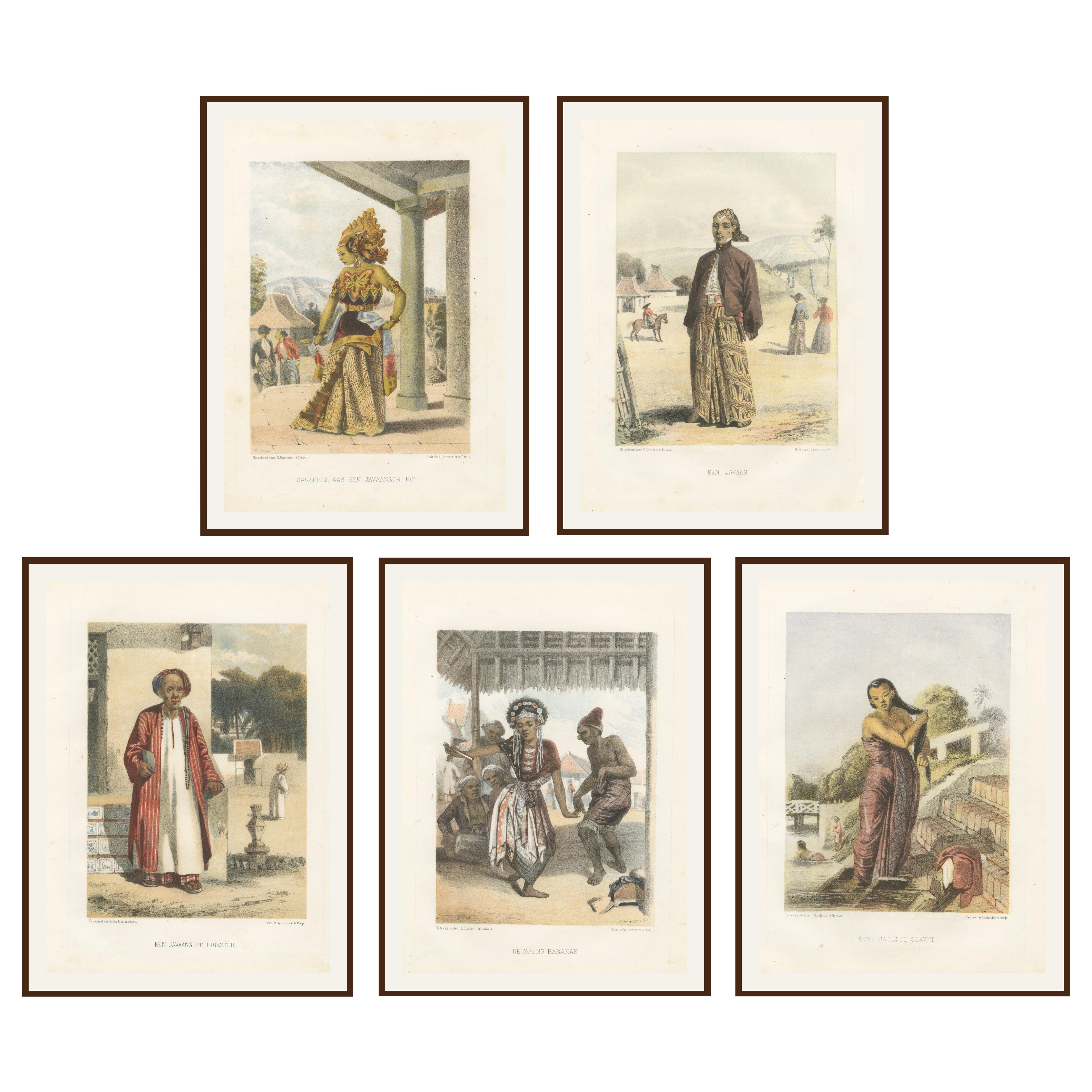 Titolo: Litografie antiche in costume giavanese - Set di cinque di F. Hardouin, 1840 ca. in vendita
