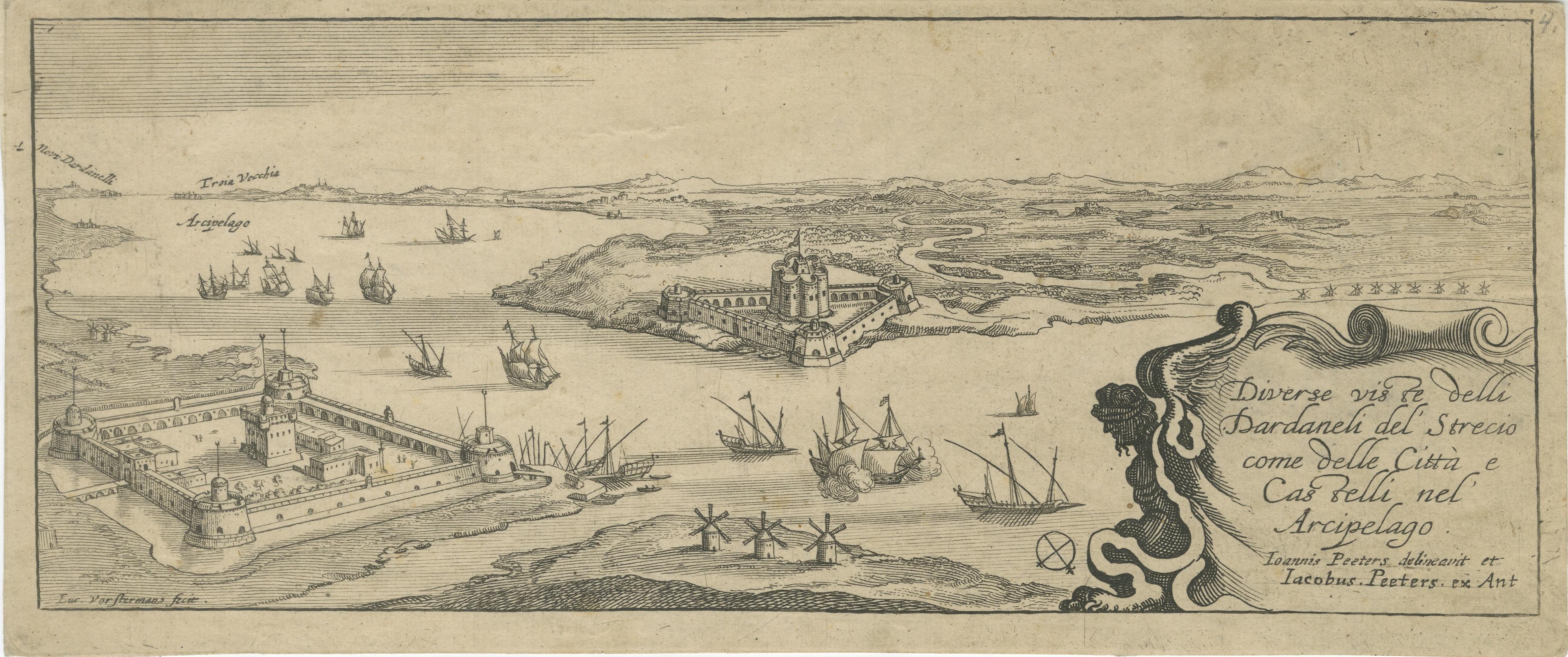 Titel:  
Diverse viste delli Dardanelli del Strecio, come delle Città e Castelli nel Arcipelago - Titelblatt der Serie, gestochen von Jacob Peeters nach Jan Peeters, Antwerpen, um 1680

Beschreibung:  
Dies ist die Titelseite einer Serie von