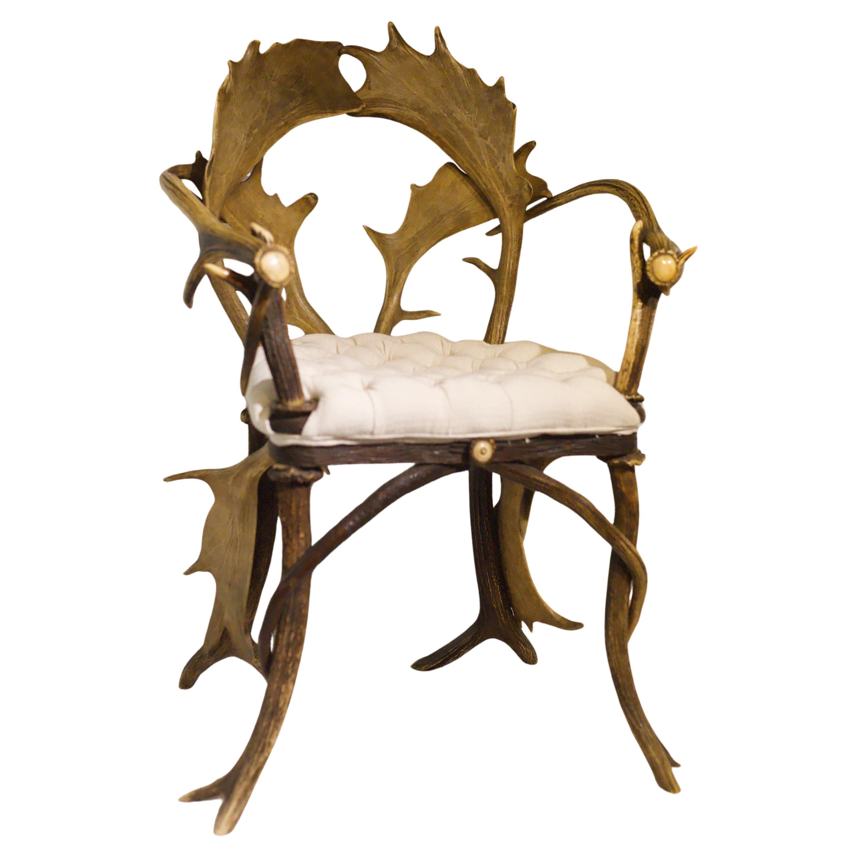 Un'eccezionale coppia di poltrone in corna di daino, realizzate con il fascino rustico e la maestria del design dell'inizio del XX secolo. Queste poltrone, risalenti agli anni '20, presentano corna intricate che formano la struttura, i braccioli e
