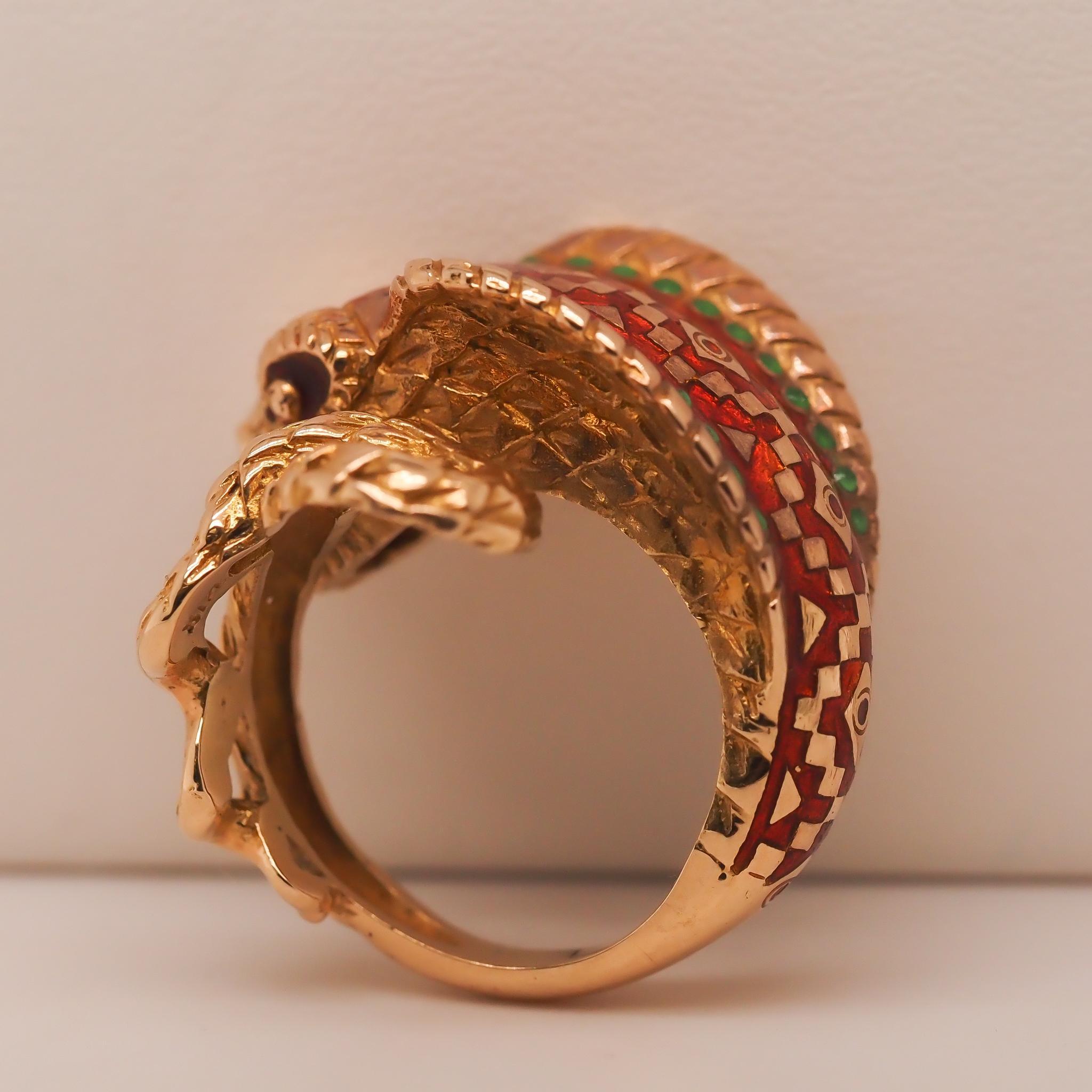 Year: 1940s
Item Details:
Ring Size: 7 (Sizable)
Metal Type: 18K Yellow Gold [Hallmarked, and Tested]
Weight: 13.5 grams
Enamel: Red, Gold and Green colors.
Band Width: 4.20 mm
Condition: Excellent
Era: Vintage