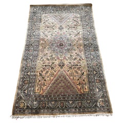 Silk Qom Persian Rug, Gold Field with Floral Medallion, Antique, 1950