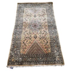Silk Qom Persian Rug, Gold Field with Floral Medallion, Antique, 1950