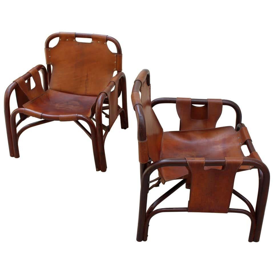 Mid-Century Modern Tito Agnoli 2 Safari Leather and Bamboo Armchairs from Bonacina, Italy, 1960s