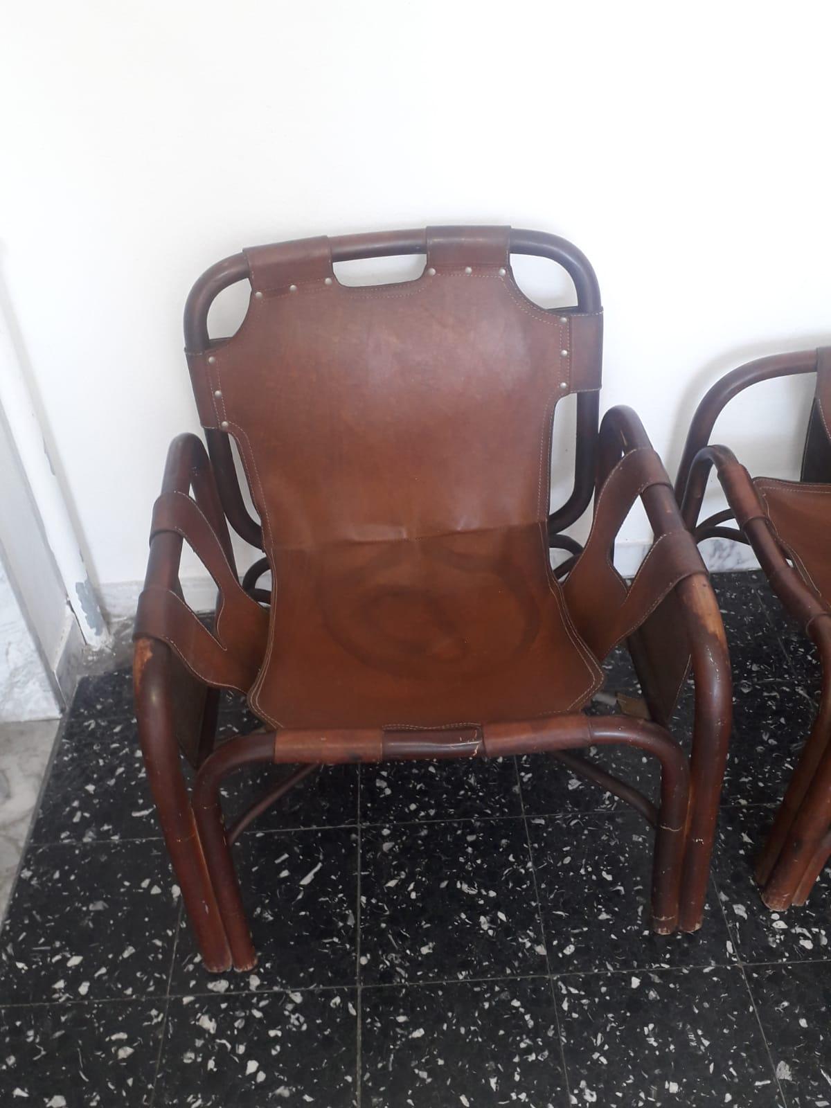 Italian Tito Agnoli 2 Safari Leather and Bamboo Armchairs from Bonacina, Italy, 1960s