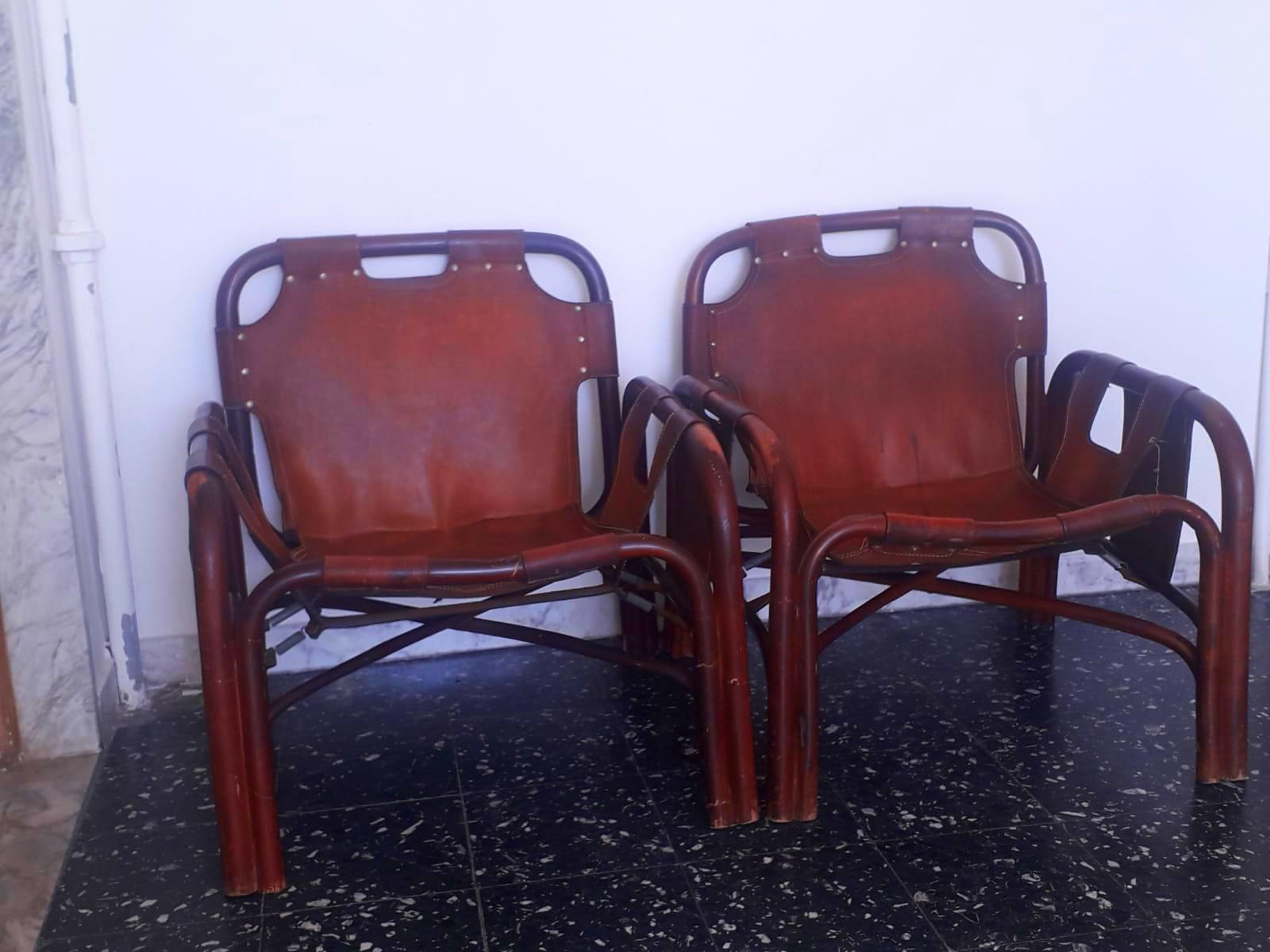 Tito Agnoli 2 Safari Leather and Bamboo Armchairs from Bonacina, Italy, 1960s In Good Condition In Lucca, IT