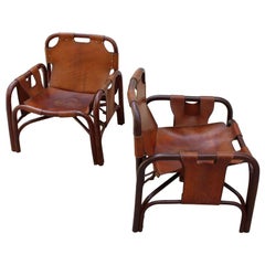 Tito Agnoli 2 Safari Leather and Bamboo Armchairs from Bonacina, Italy, 1960s