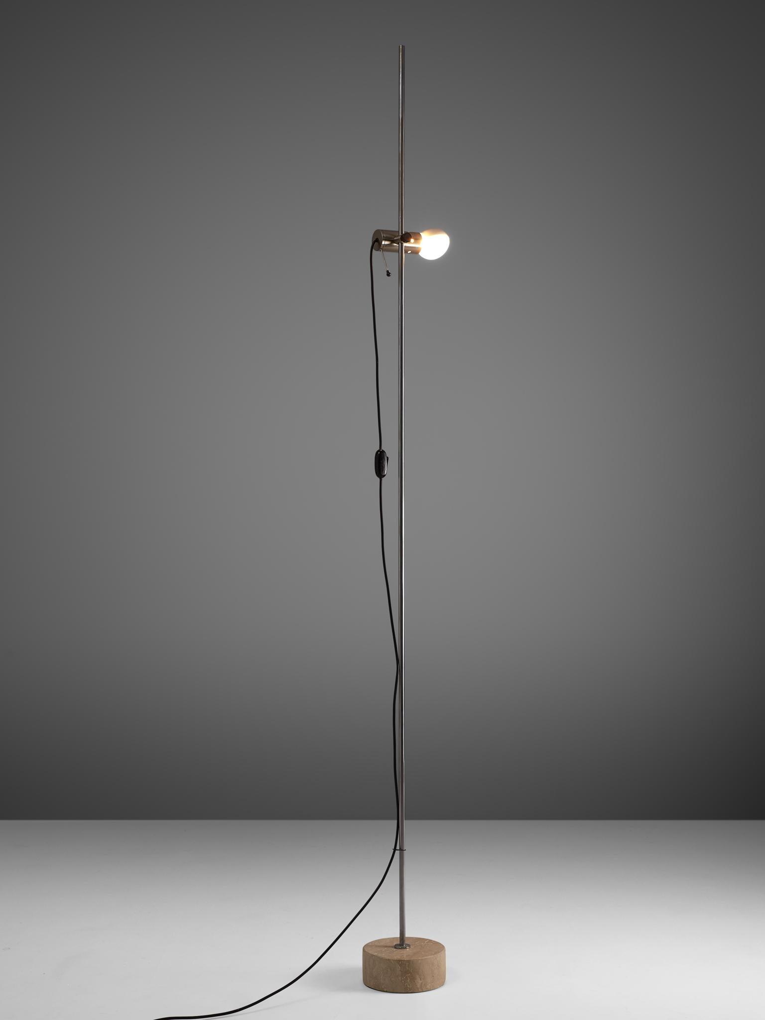 Tito Agnoli for O-Luce, floor lamp model 387, metal and travertine, Italy, design 1954, later production.

Designed in 1954, this refined floor lamp is now considered to be a key piece of Modern Minimalism. Executed in metal and with a travertine