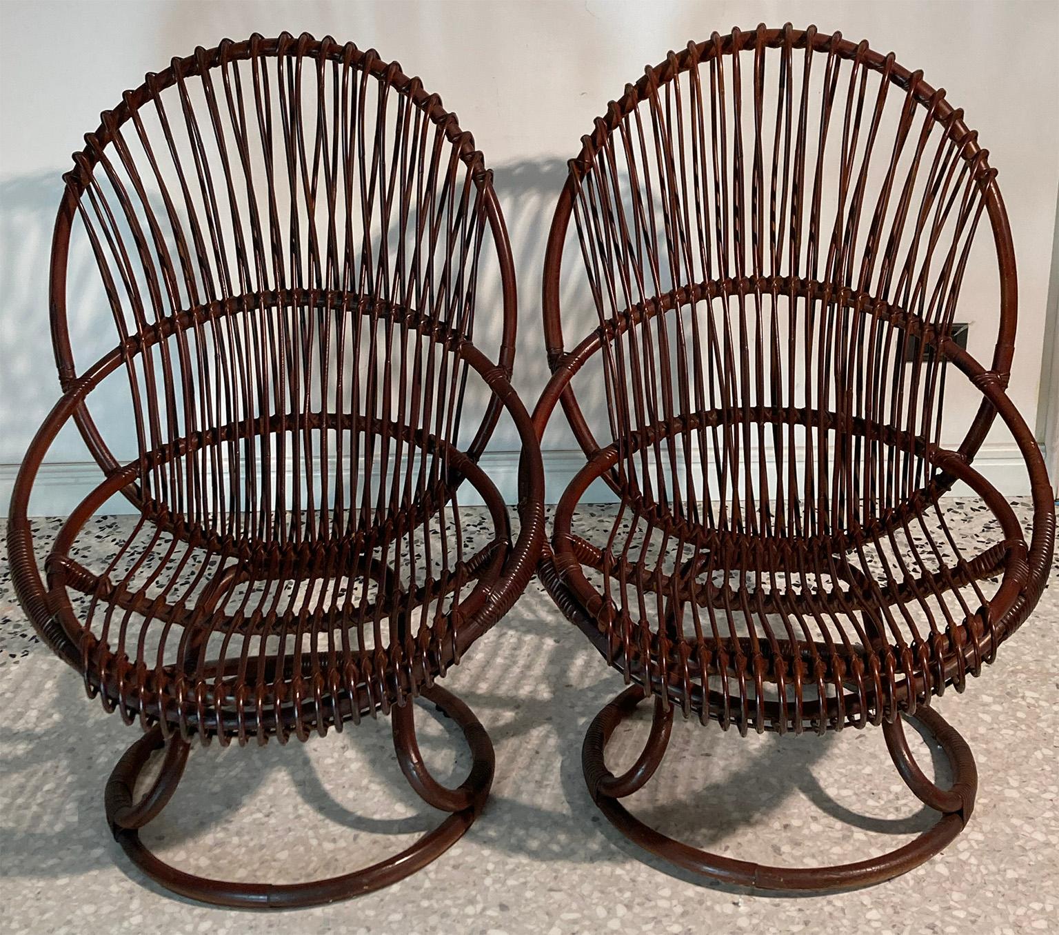 Tito Agnoli Armchairs Model “Tre Cerchi” in Rattan Wood for Bonacina, Italy 1959 For Sale 9