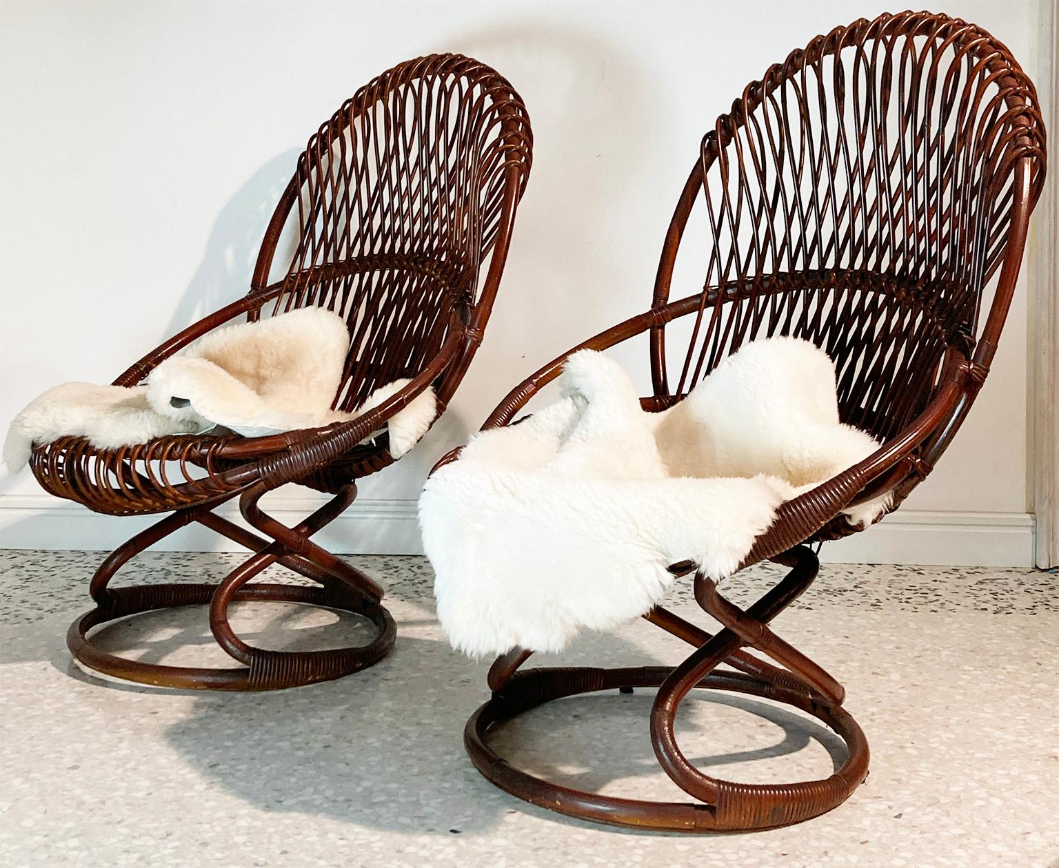 Italian Tito Agnoli Armchairs Model “Tre Cerchi” in Rattan Wood for Bonacina, Italy 1959 For Sale