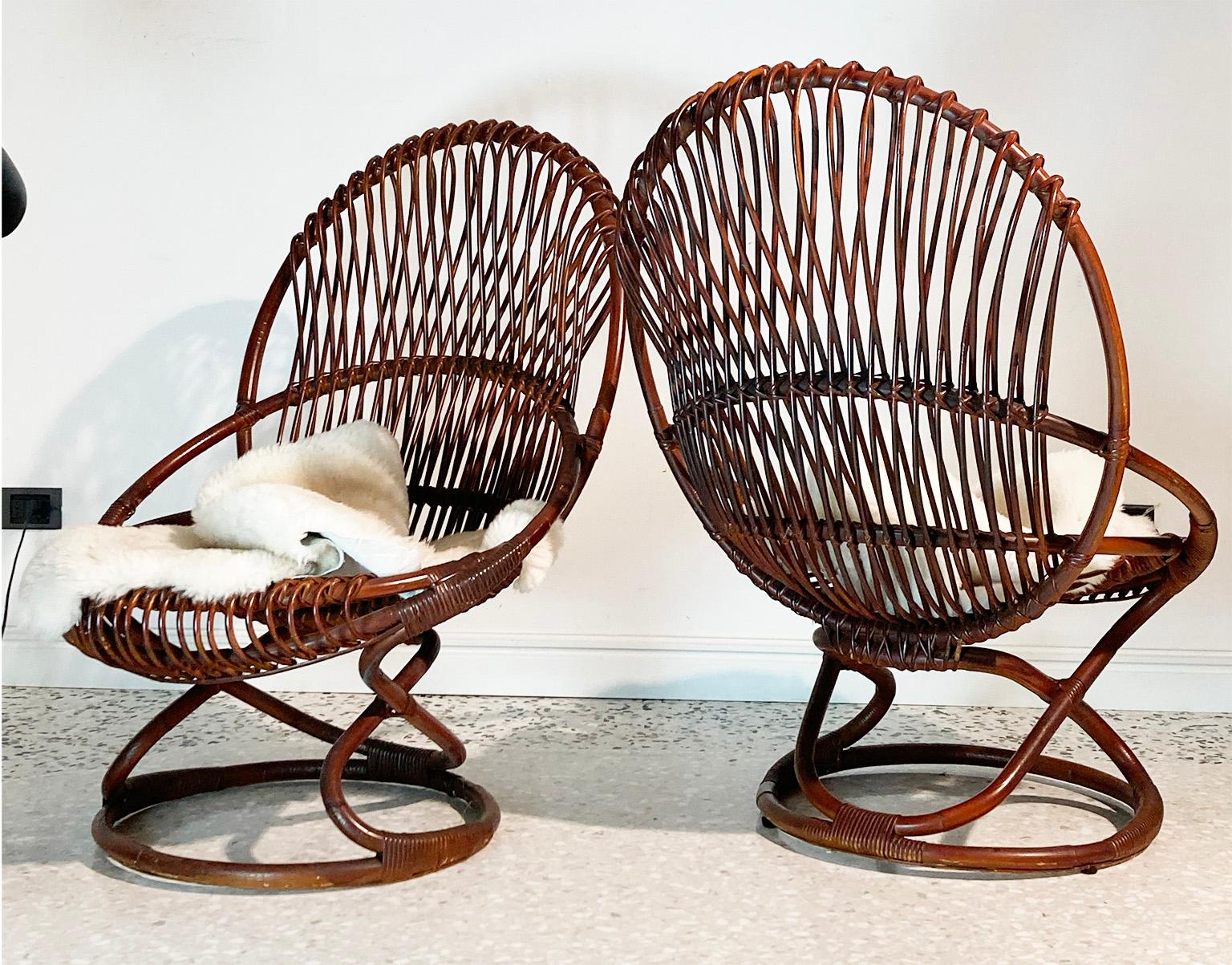 Tito Agnoli Armchairs Model “Tre Cerchi” in Rattan Wood for Bonacina, Italy 1959 In Good Condition For Sale In Milano, IT