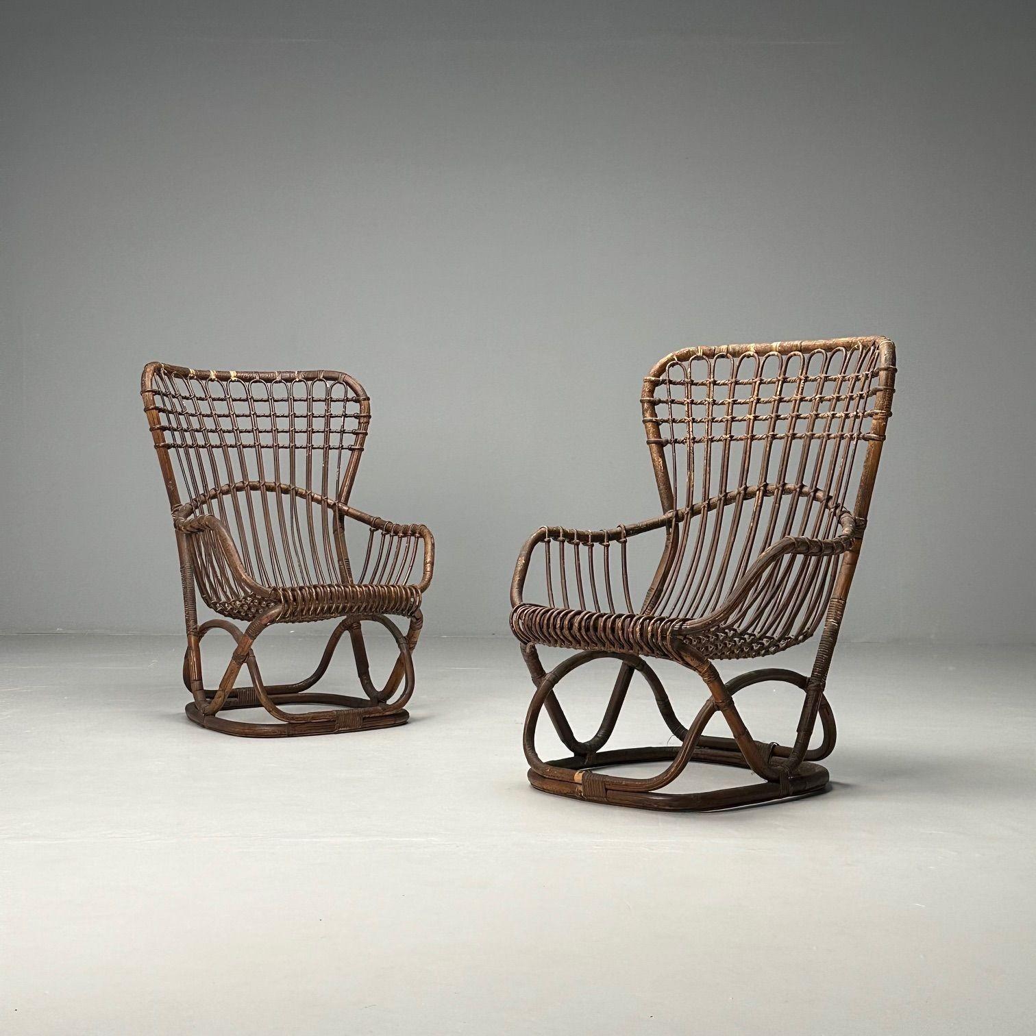 Tito Agnoli Attr, Sedie moderne di metà secolo, Sedie occasionali, Rattan, Bamboo

Questa affascinante coppia di sedie in vimini e canna, attribuita a Tito Agnoli e probabilmente prodotta da Bonacina in Italia negli anni '60, mette in mostra