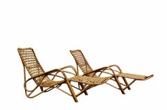 Tito Agnoli Attrib. Pair of Rattan and Bamboo Woven Chaise Longues