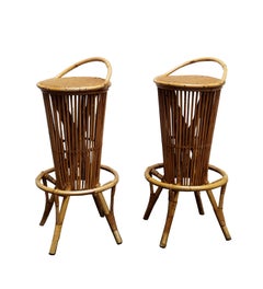 Tito Agnoli Attrib. Pair of Bamboo and Rattan Bar Stools, Italy 1960s