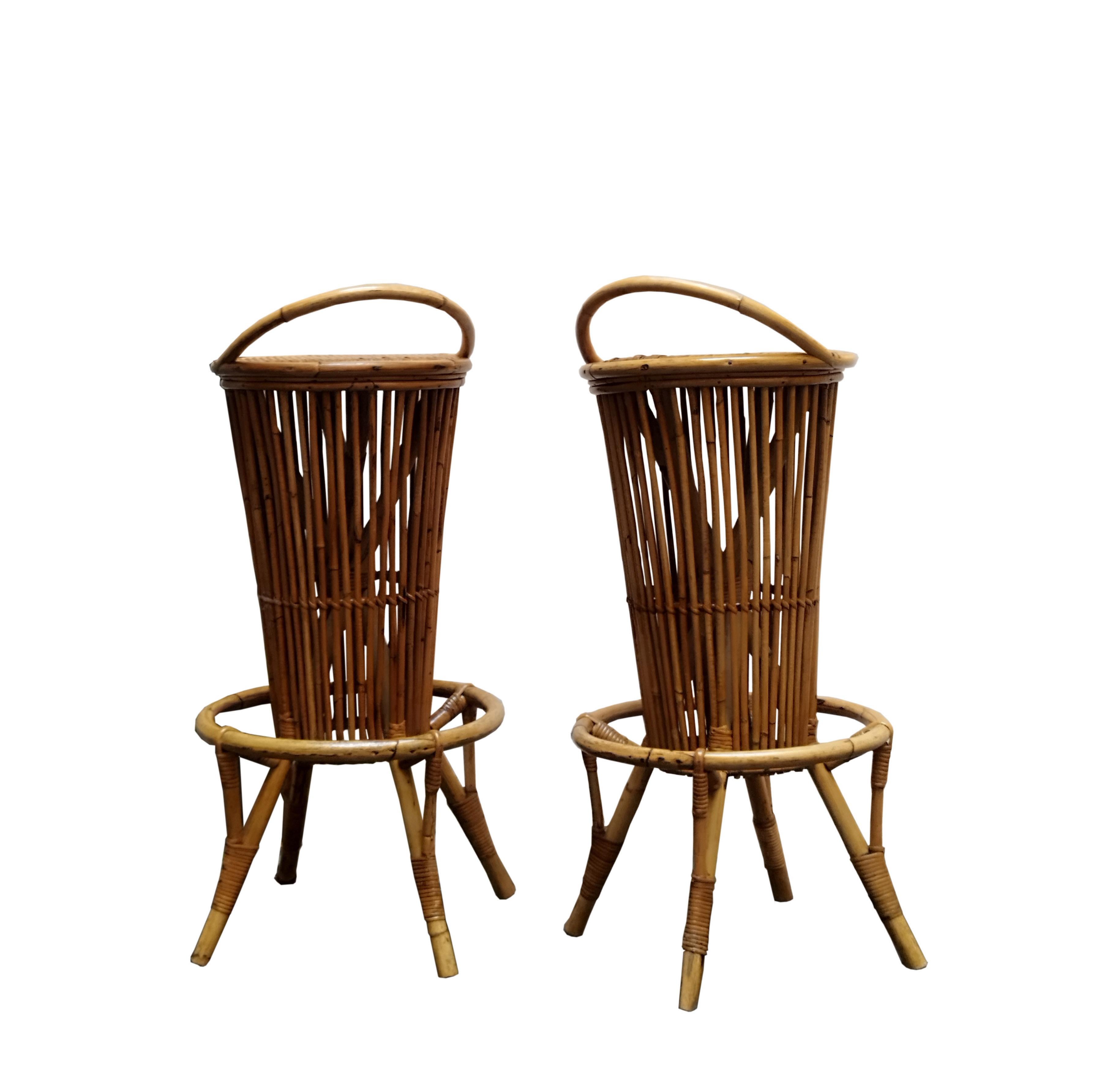 Mid-Century Modern Tito Agnoli Attrib. Pair of Bamboo and Rattan Bar Stools, Italy 1960s For Sale