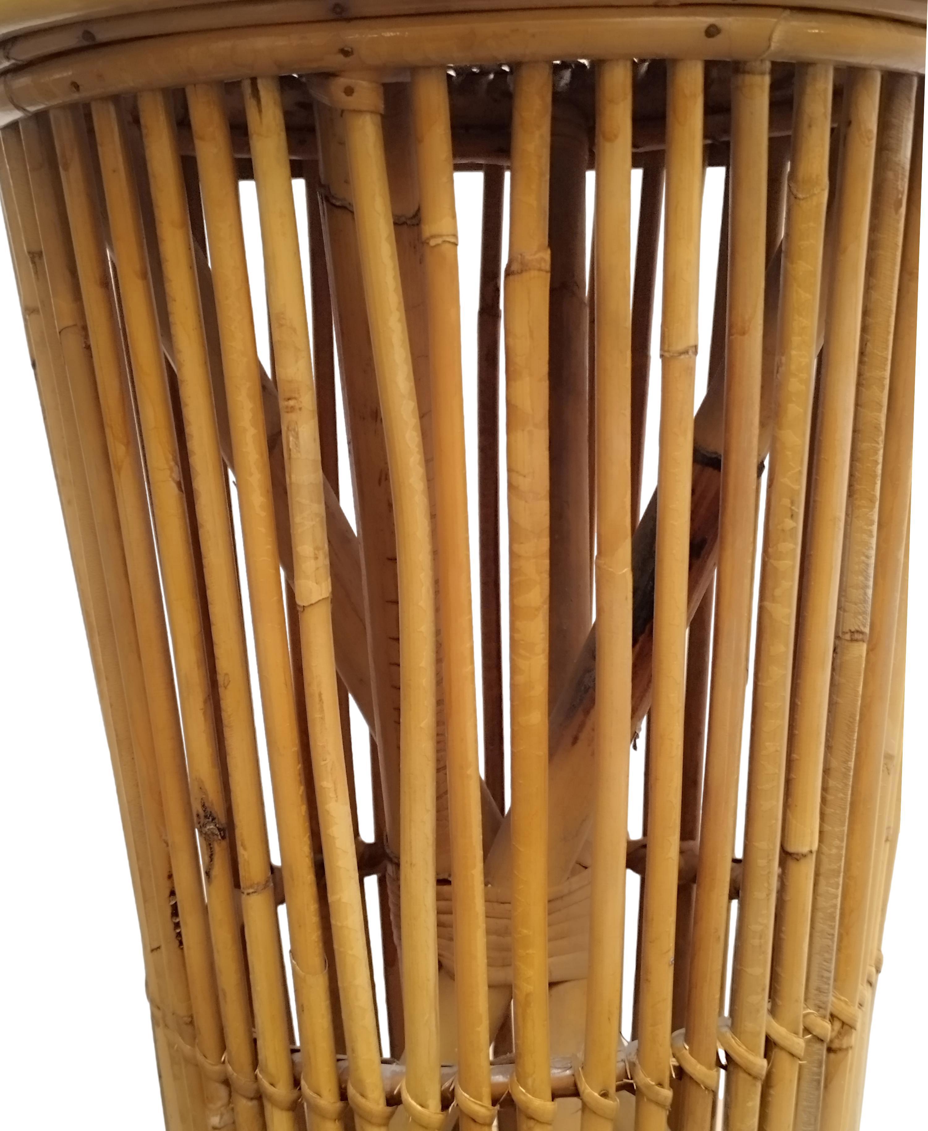 Mid-20th Century Tito Agnoli Attrib. Pair of Bamboo and Rattan Bar Stools, Italy 1960s For Sale