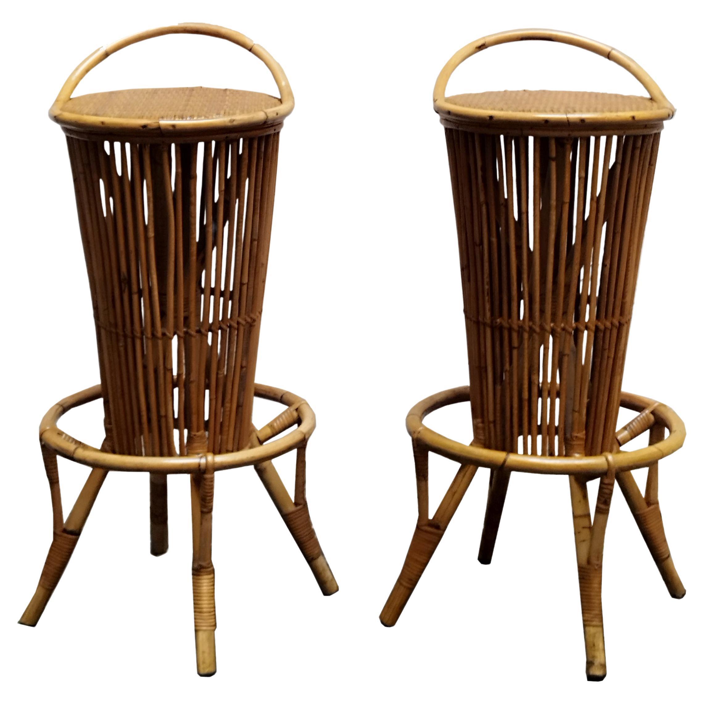 Tito Agnoli Attrib. Pair of Bamboo and Rattan Bar Stools, Italy 1960s For Sale