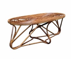 Tito Agnoli Attrib. Oval Woven Rattan Coffee Table, Italy 1960s