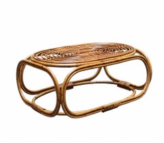 Tito Agnoli Attrib. Oval Woven Rattan Coffee Table, Italy 1960s