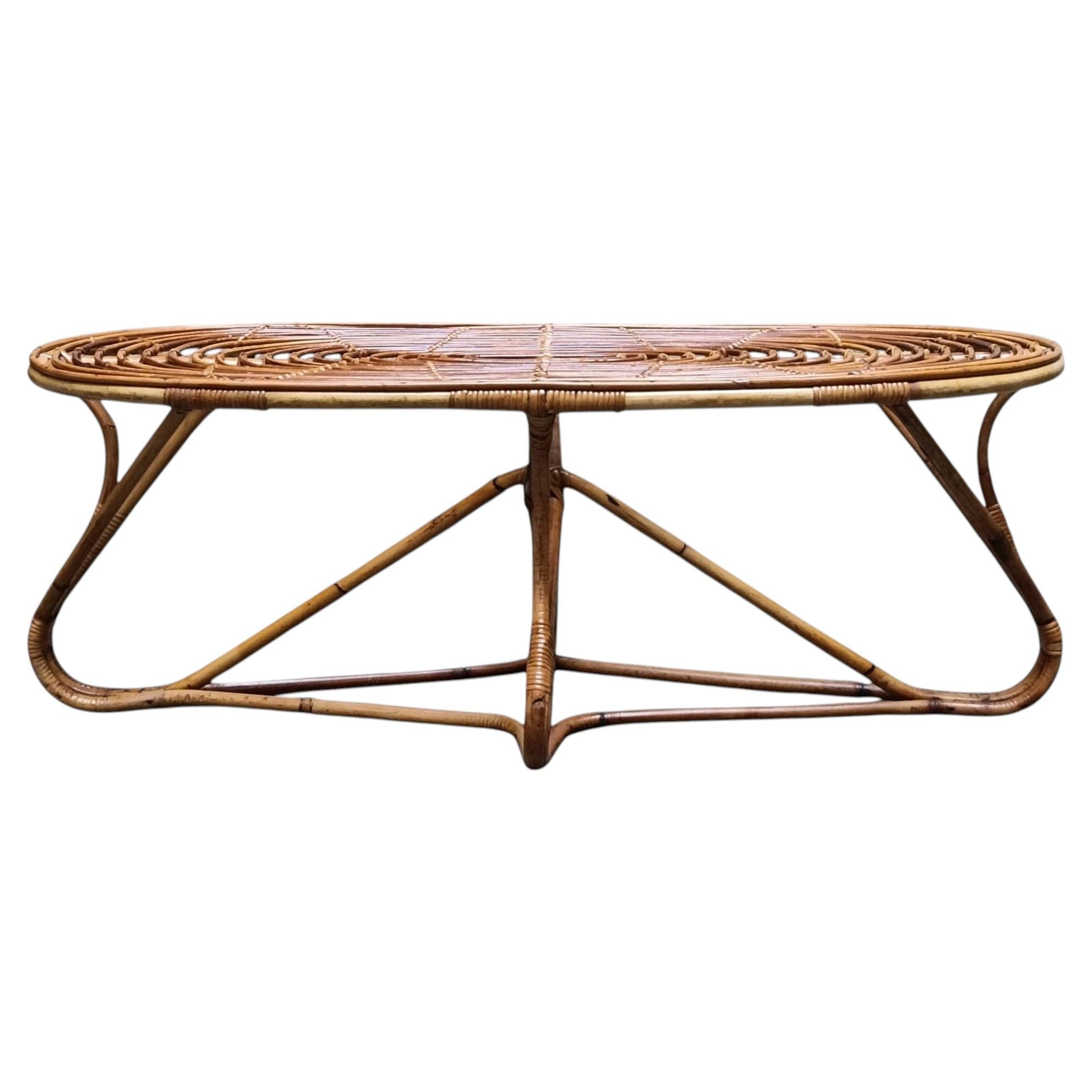 Tito Agnoli Attrib. Oval Woven Rattan Coffee Table, Italy 1960s