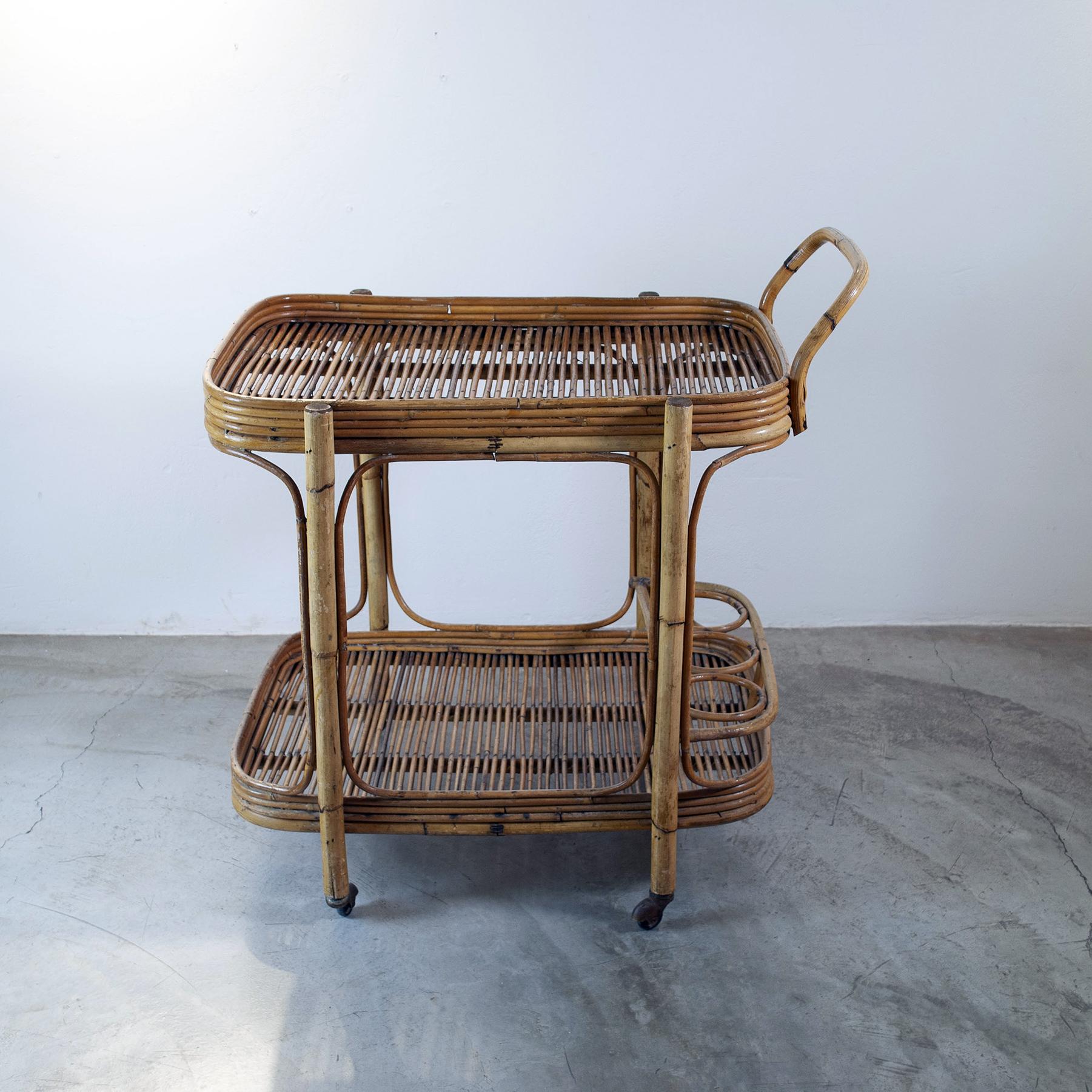 1960s bamboo cane liquor bottle holder trolley in the style of Bonacina production by Tito Agnoli