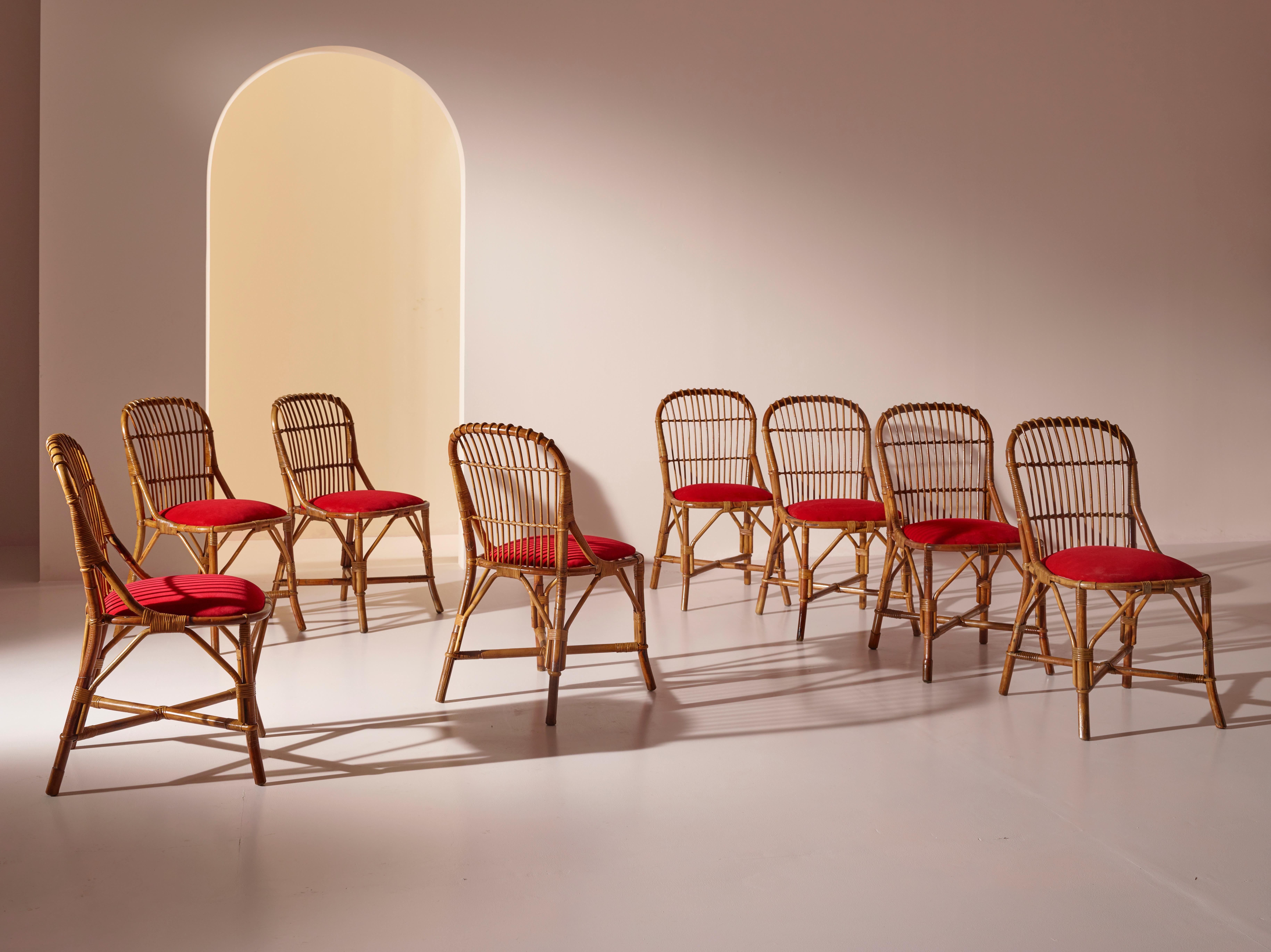 Tito Agnoli Bamboo, Velvet and Cane Dining Chairs for Bonacina, Italy, 1960s 3