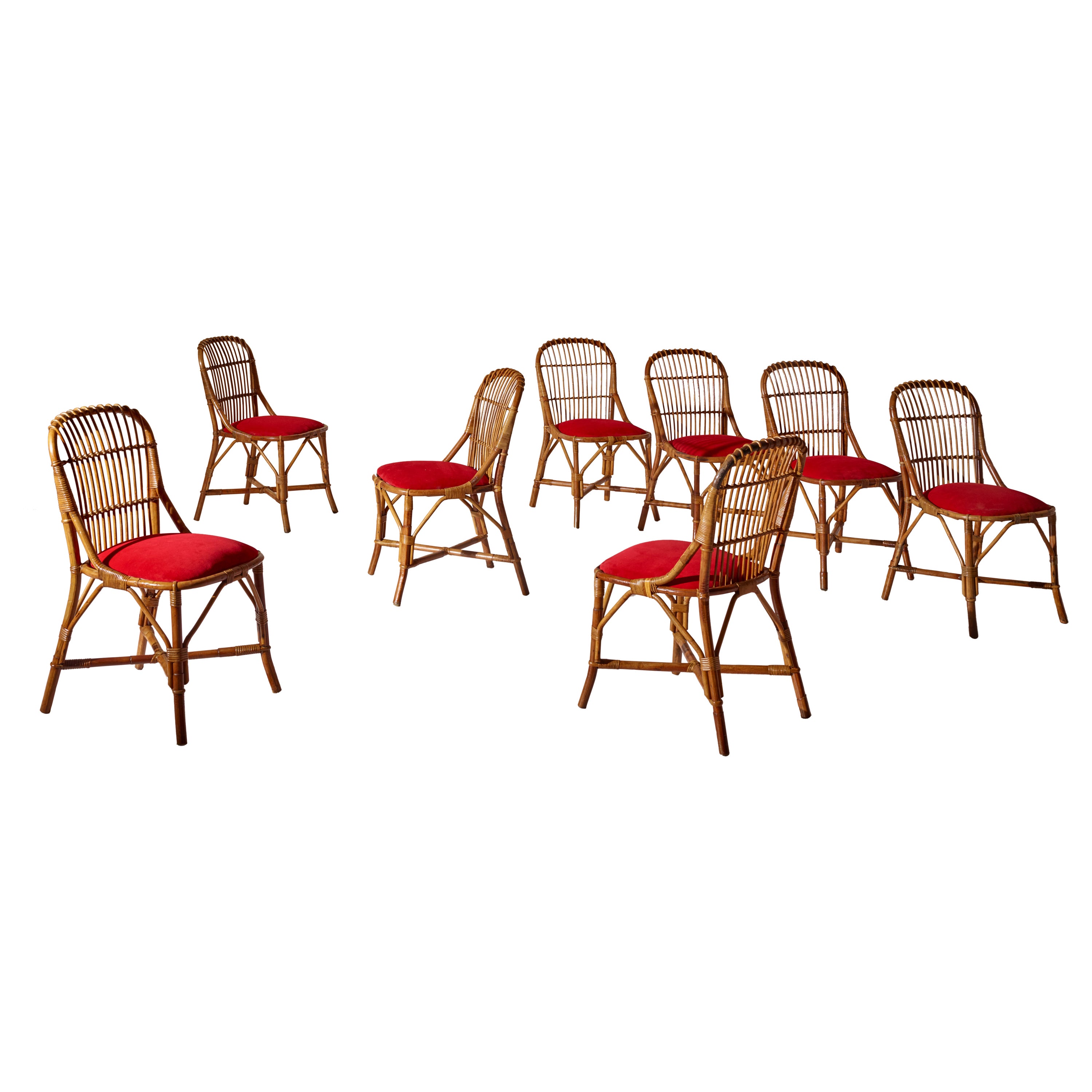 Tito Agnoli Bamboo, Velvet and Cane Dining Chairs for Bonacina, Italy, 1960s