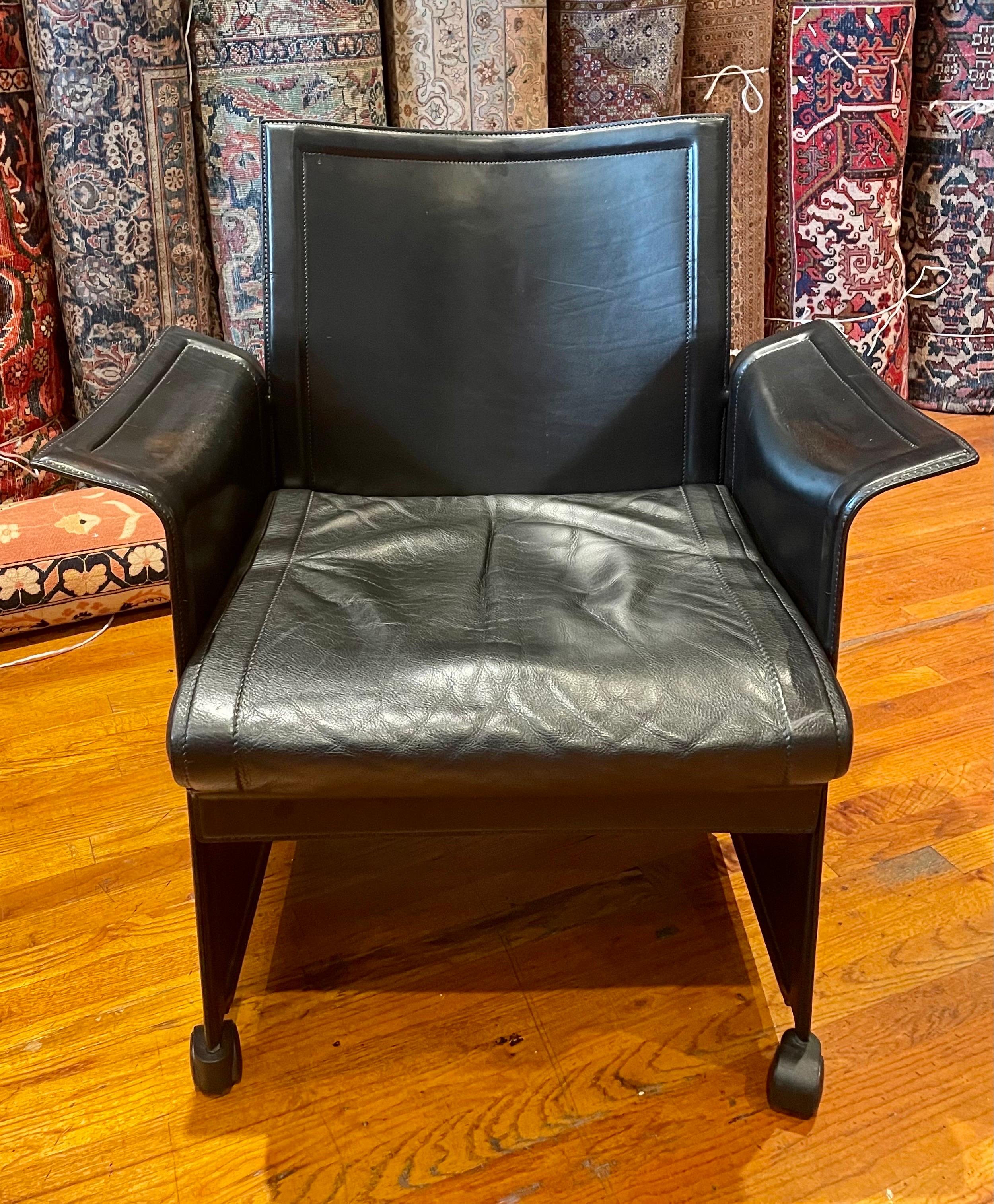 20th Century Tito Agnoli Black Leather Korium Armchair for Matteo Grassi Postmodern