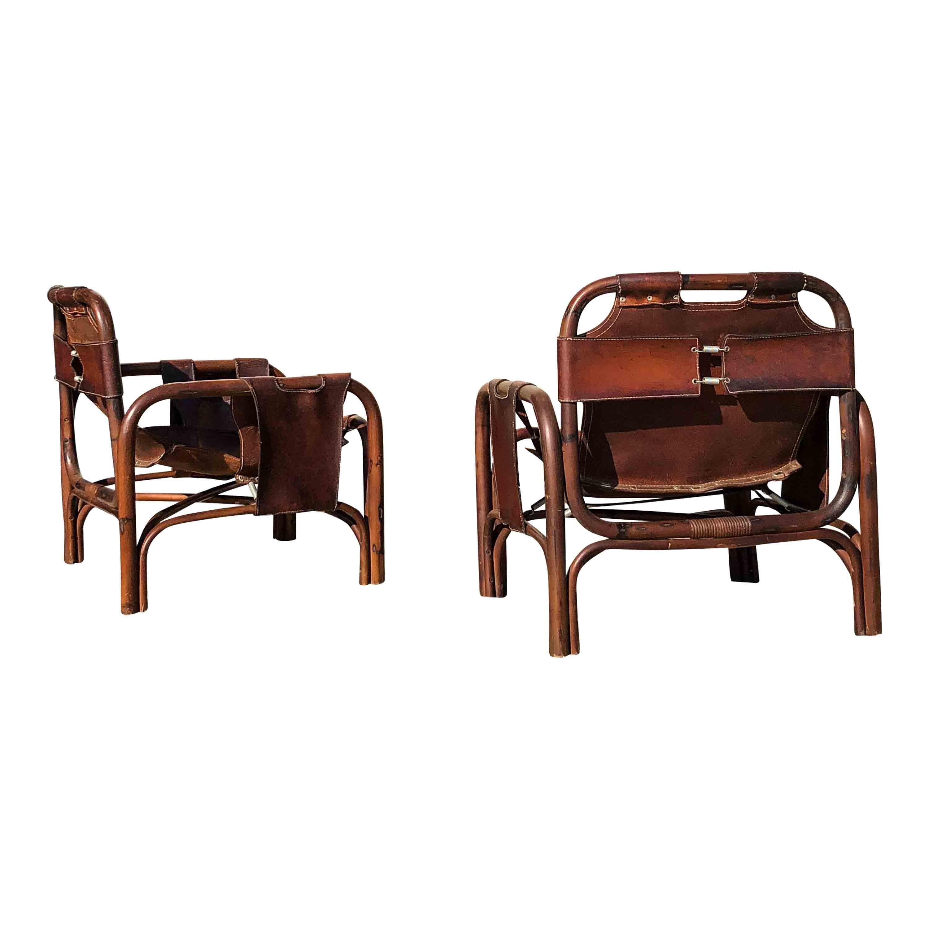 Mid-Century Modern Tito Agnoli Brown Leather & Rattan Safari Armchair for Bonacina, 1960, Set of 2 For Sale