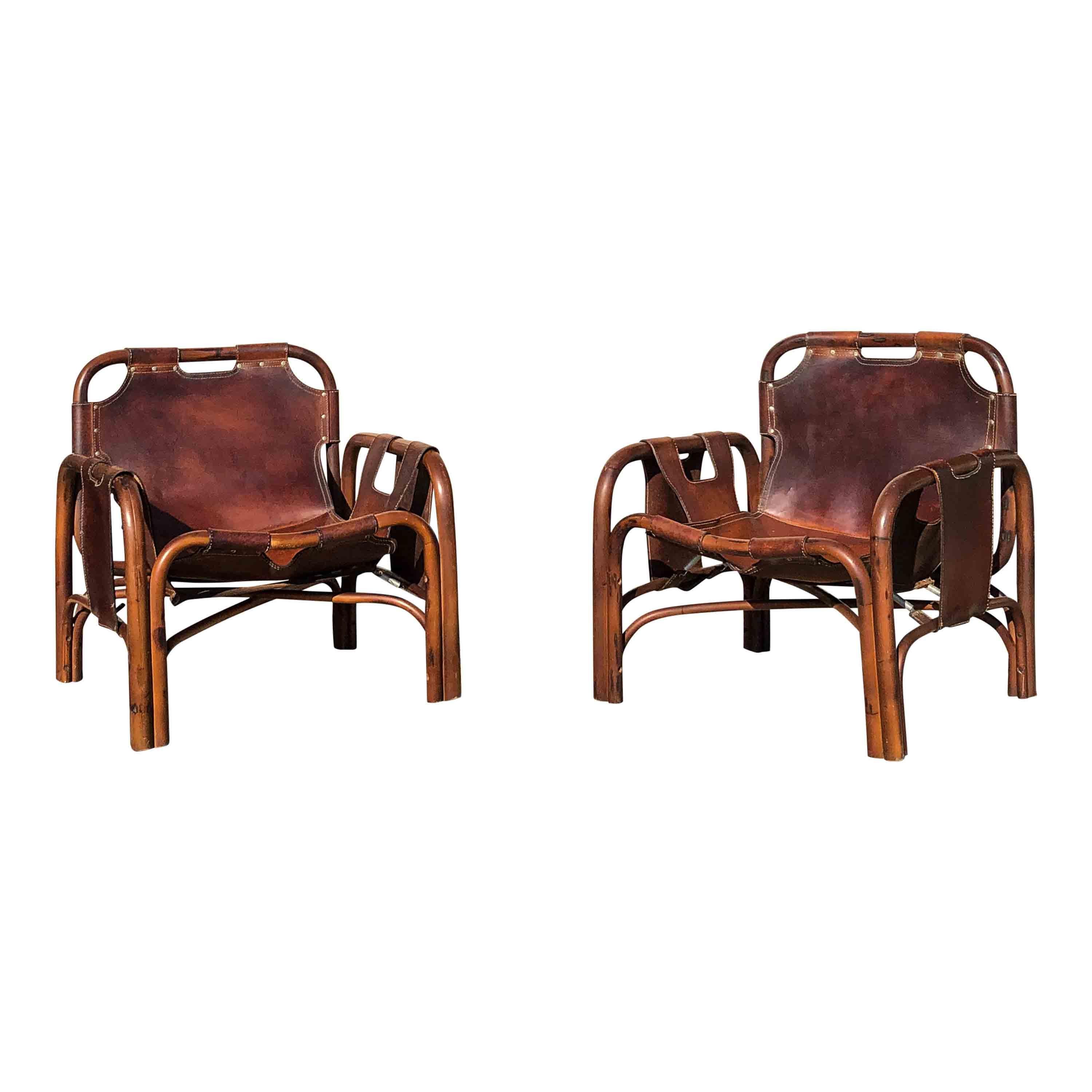 Italian Tito Agnoli Brown Leather & Rattan Safari Armchair for Bonacina, 1960, Set of 2 For Sale