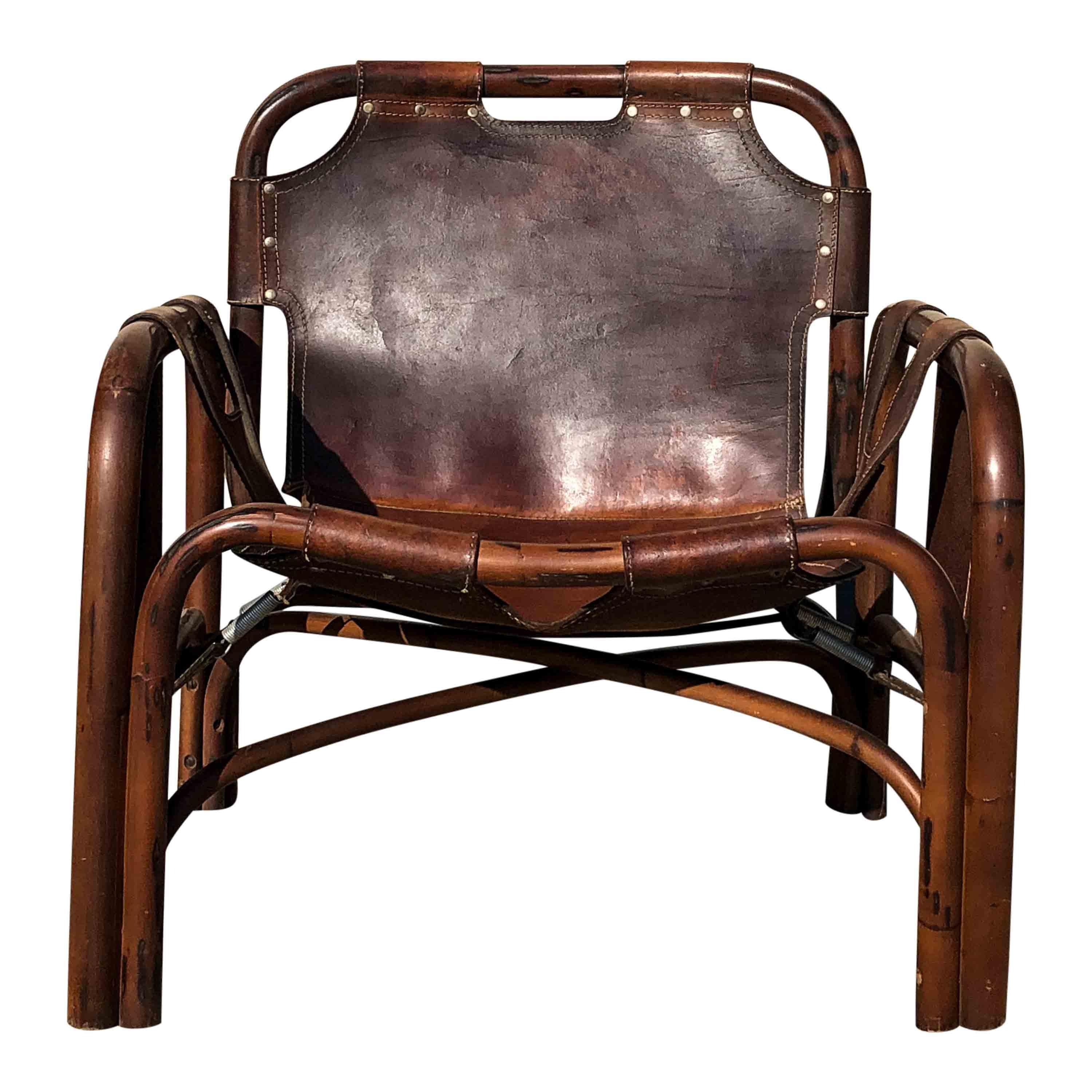 Tito Agnoli Brown Leather & Rattan Safari Armchair for Bonacina, 1960, Set of 2 In Fair Condition For Sale In Vicenza, IT