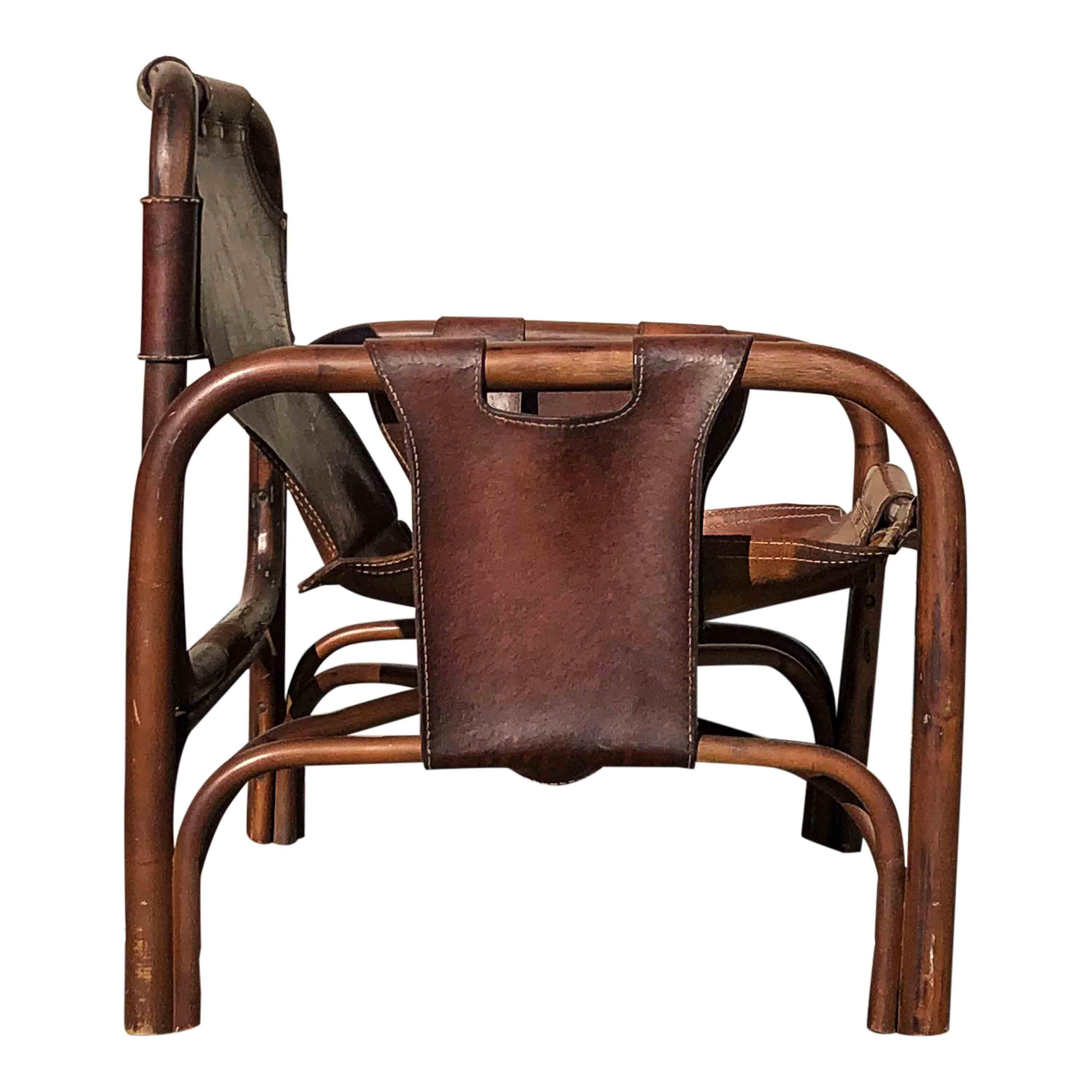 Tito Agnoli Brown Leather & Rattan Safari Armchair for Bonacina, 1960, Set of 2 For Sale 1