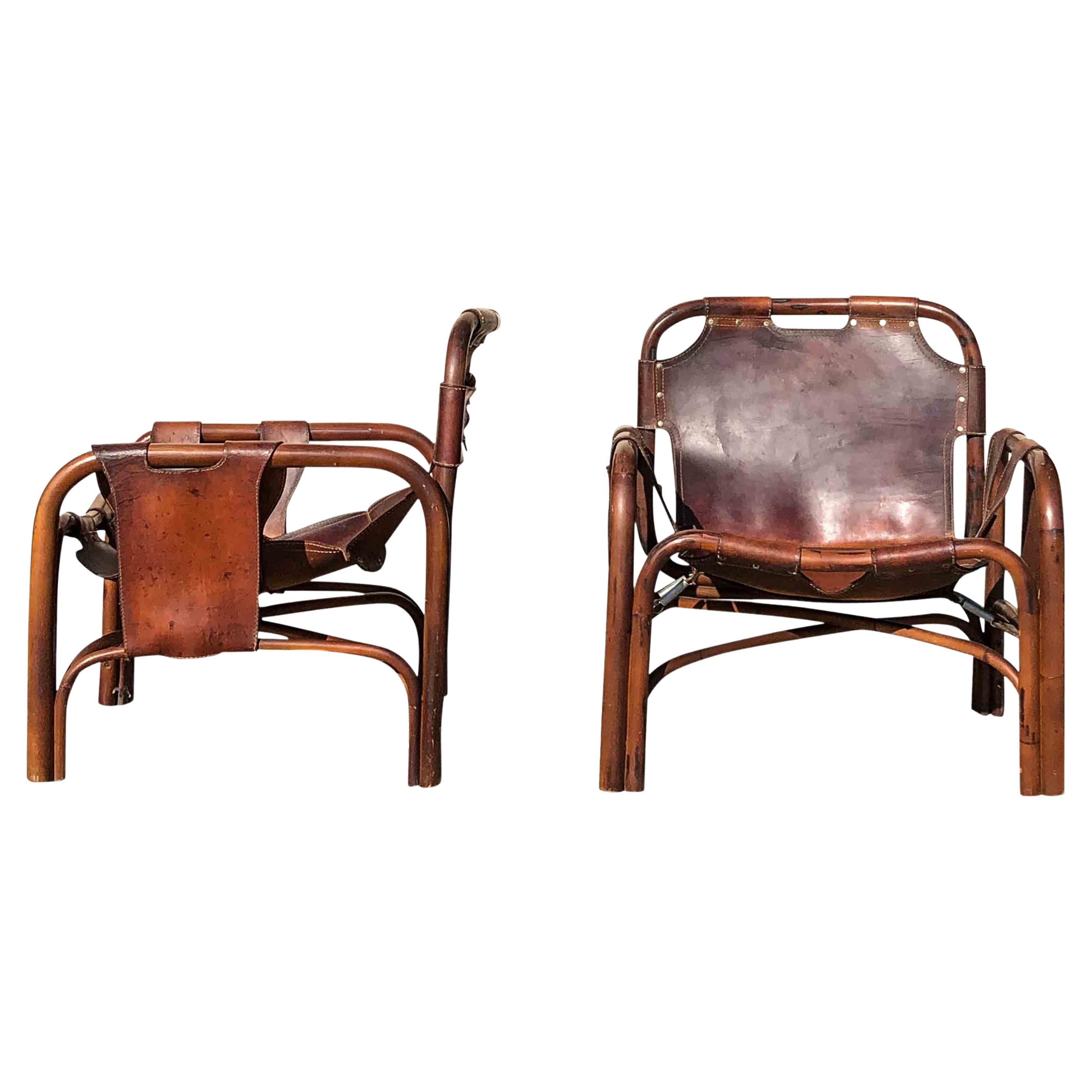 Tito Agnoli Brown Leather & Rattan Safari Armchair for Bonacina, 1960, Set of 2