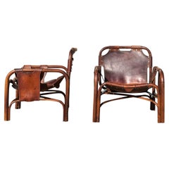 Tito Agnoli Brown Leather & Rattan Safari Armchair for Bonacina, 1960, Set of 2
