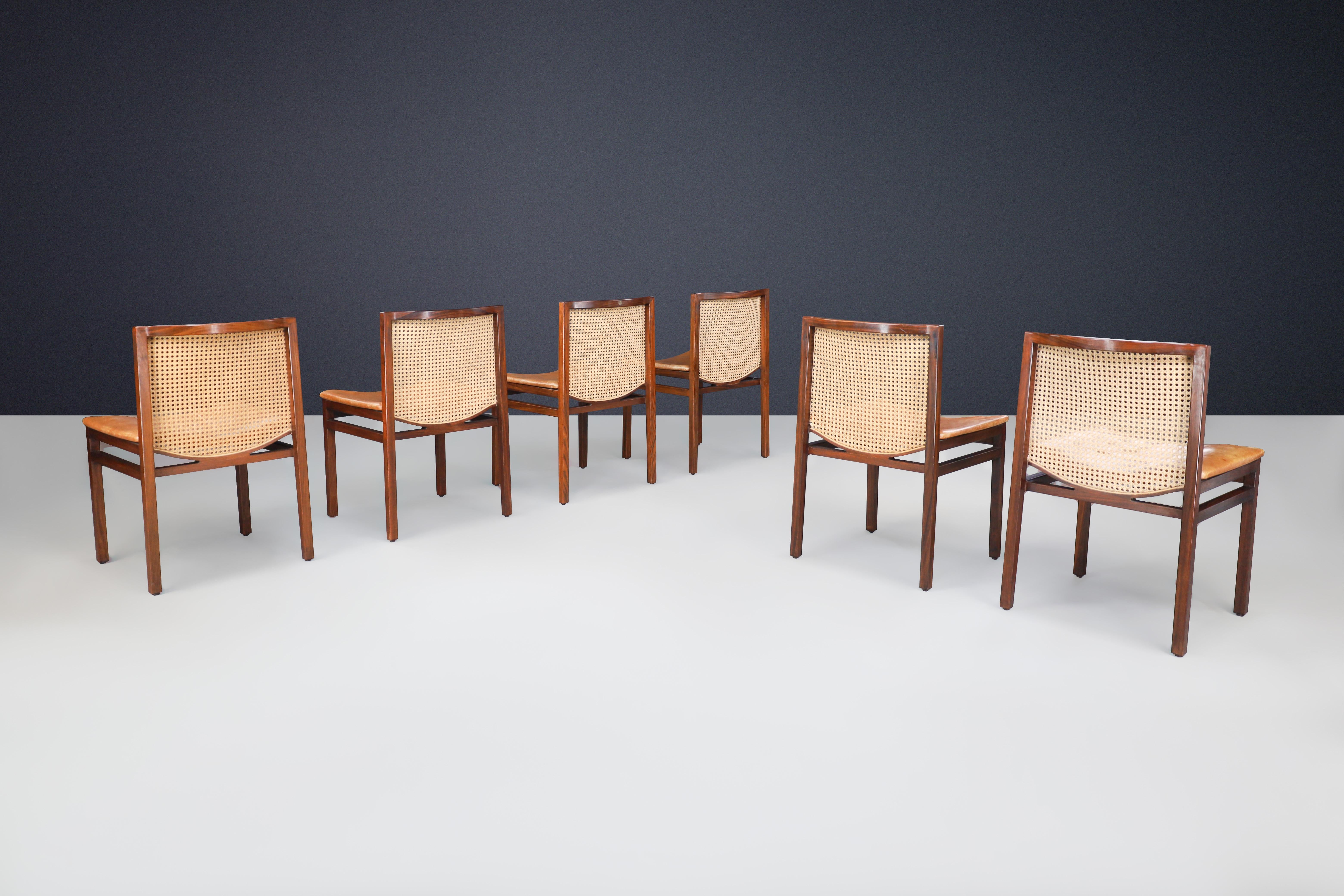 Sillas de comedor Tito Agnoli de caña y cuero coñac patinado, Italia 1966 Italiano en venta