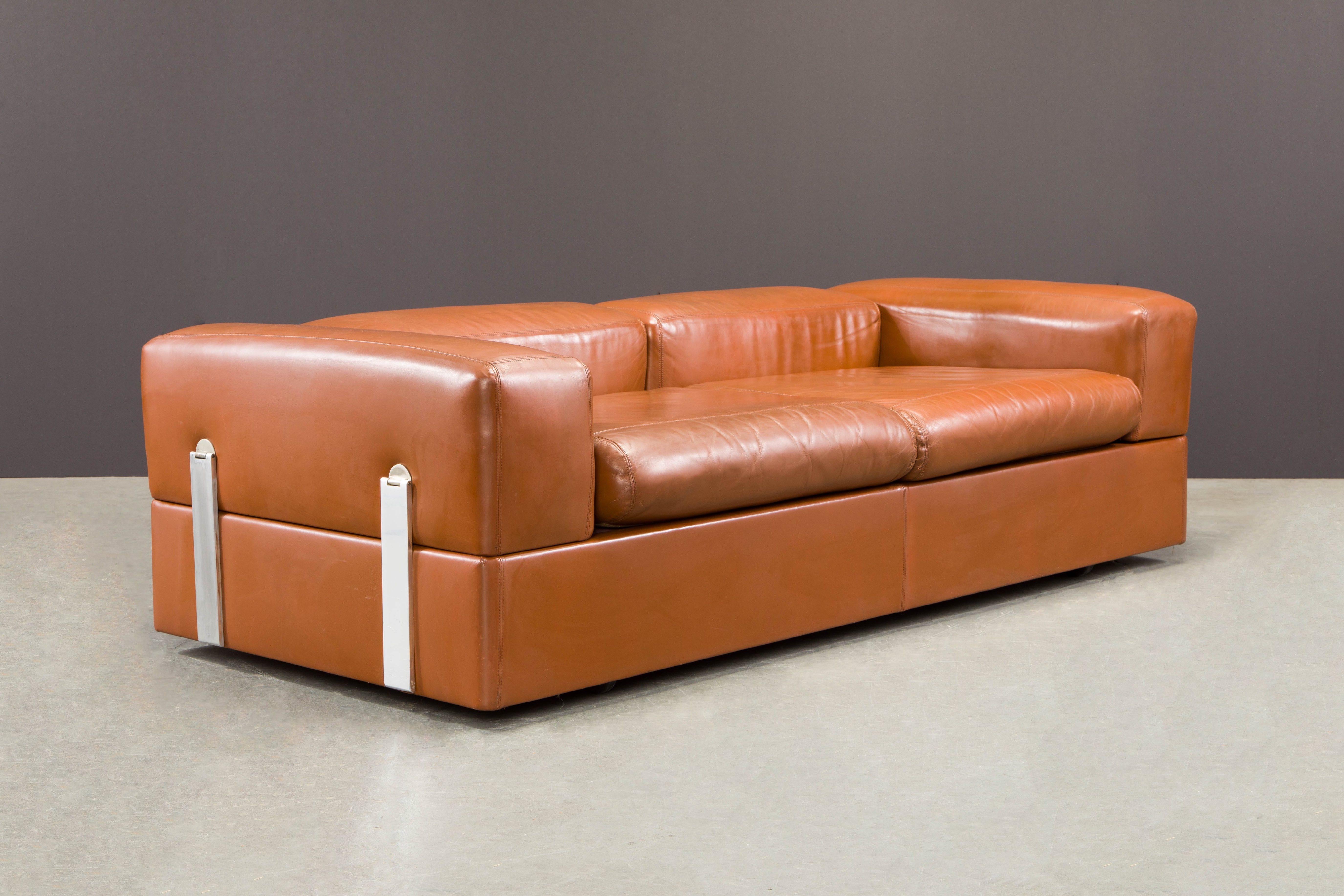 Tito Agnoli Cognac Leather Convertible Sofa Bed for Cinova, 1960s Italy, Signed 1