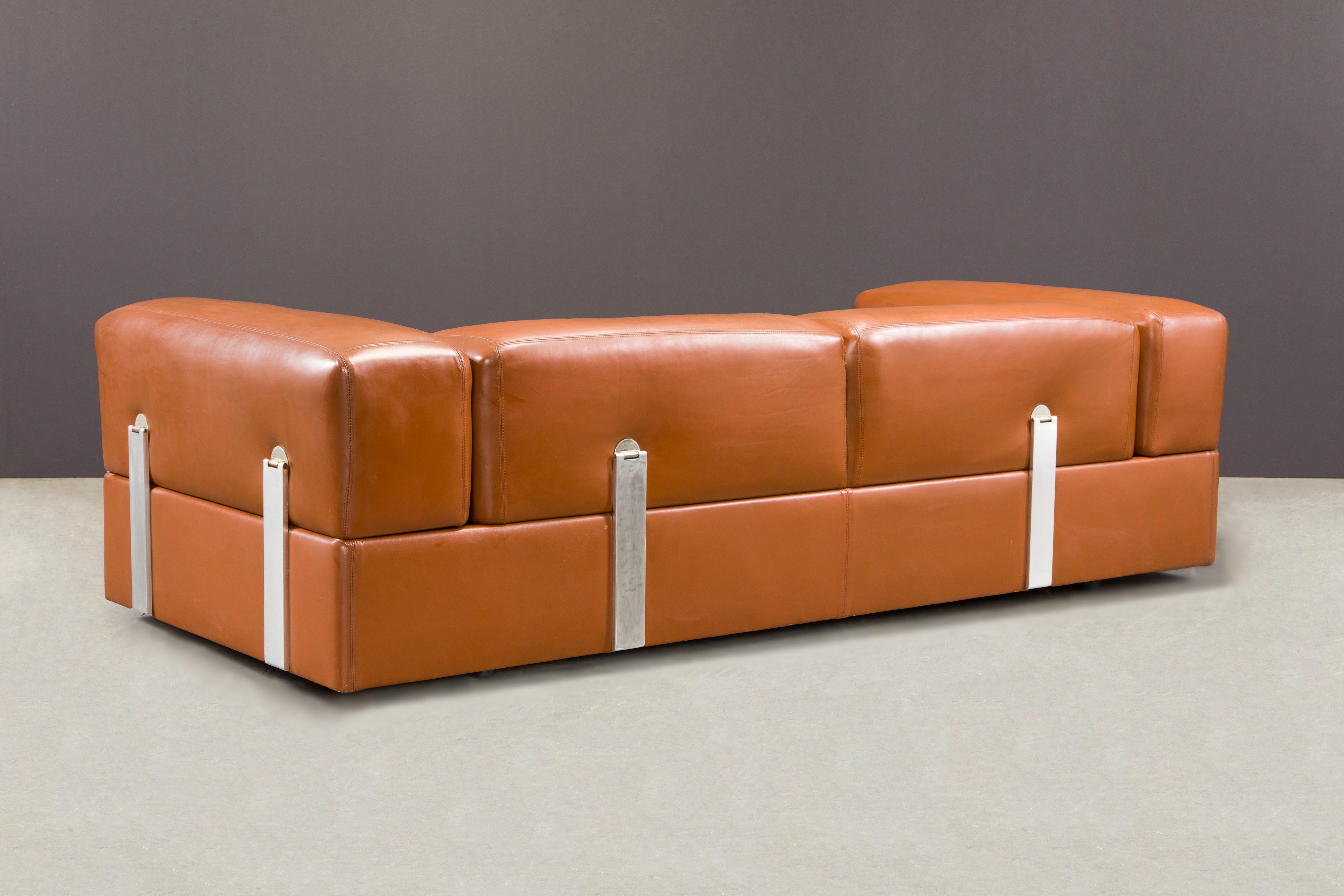 Tito Agnoli Cognac Leather Convertible Sofa Bed for Cinova, 1960s Italy, Signed 4